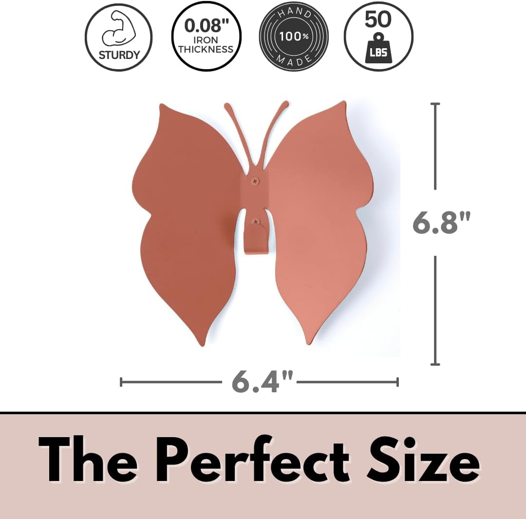 Butterfly 3D Blush Pink Butterfly Wall Hooks: Girl’s Bedroom Double-Hook Coat Rack Mount for Hanging Coat,Clothing,Backpacks,Purses,Jewelry,Towels, Girls Room DécorCut-Out Metal 2 Hangers