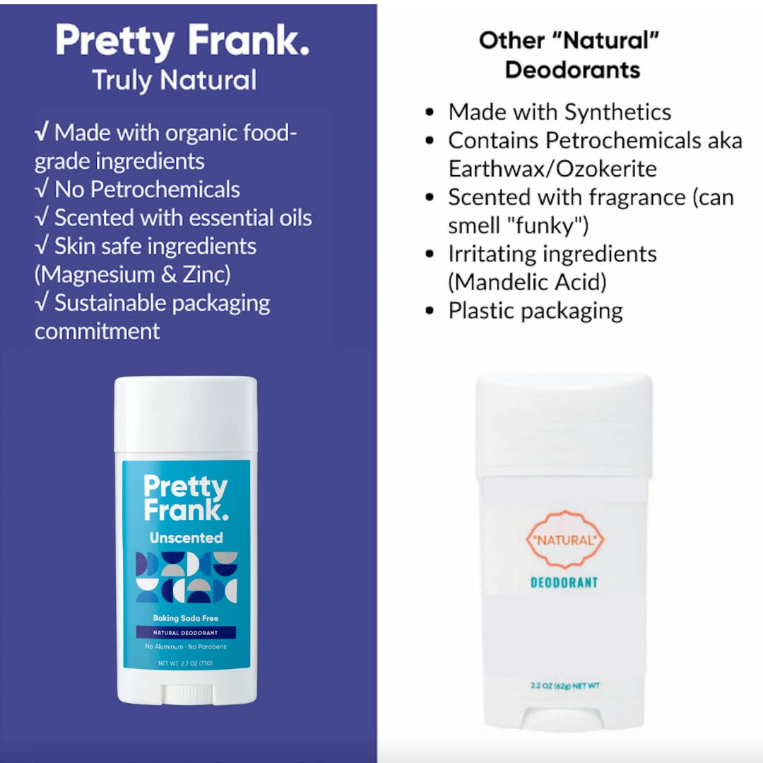 Pretty Frank Natural Aluminum-Free Deodorant Stick, Baking Soda-Free, Unscented (2-Pack) | Sensitive Skin Friendly, Effective Odor Control for Women & Men, Organic Ingredients, No Added Fragrance