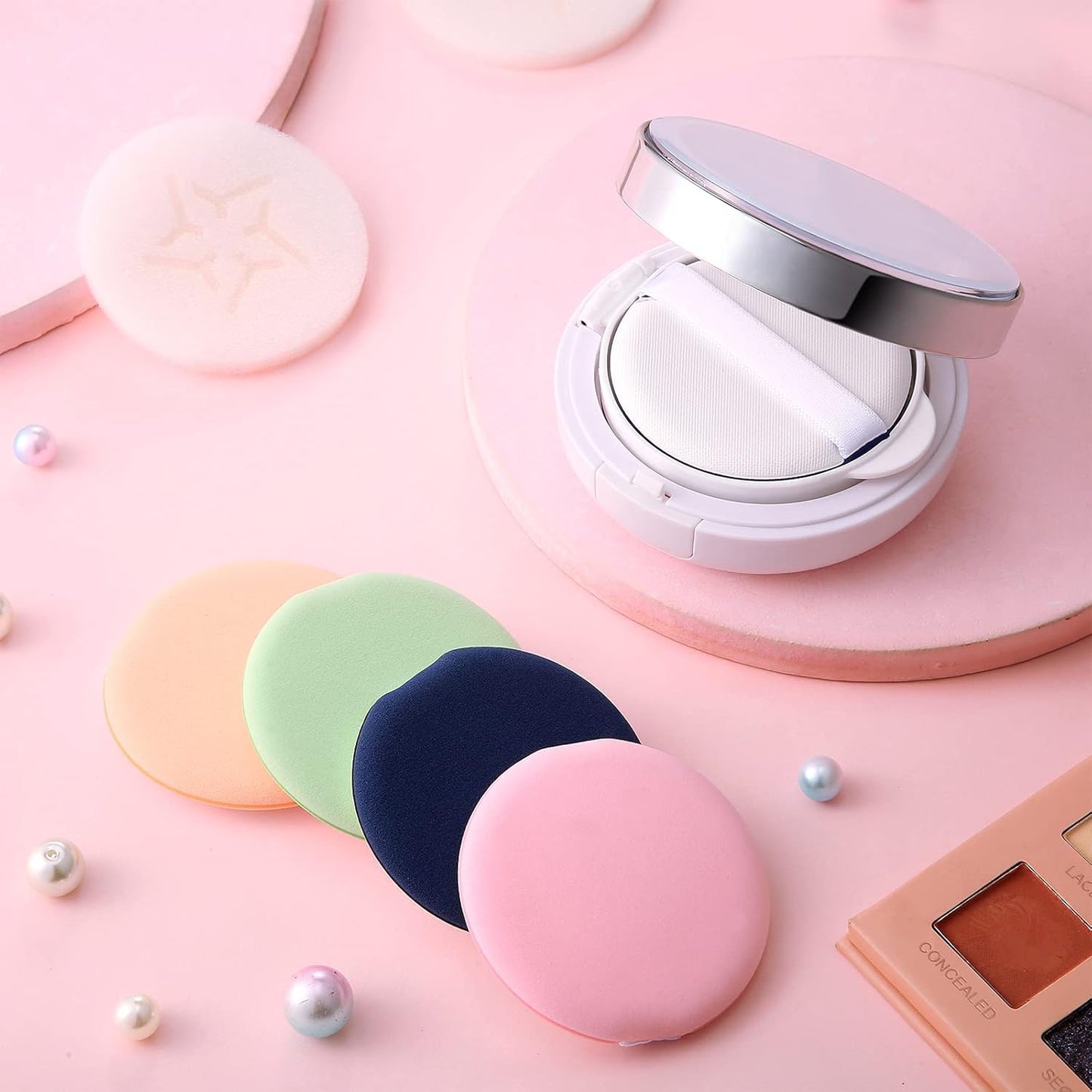 Patelai 7 Pcs 0.5oz Empty Luxurious Air Cushion Puff Box with Sponge Puff and Mirror, Portable Make-up Powder Container Case with Extra Sponges and Puffs, Refillable Foundation Bb Cream Box(Silver)