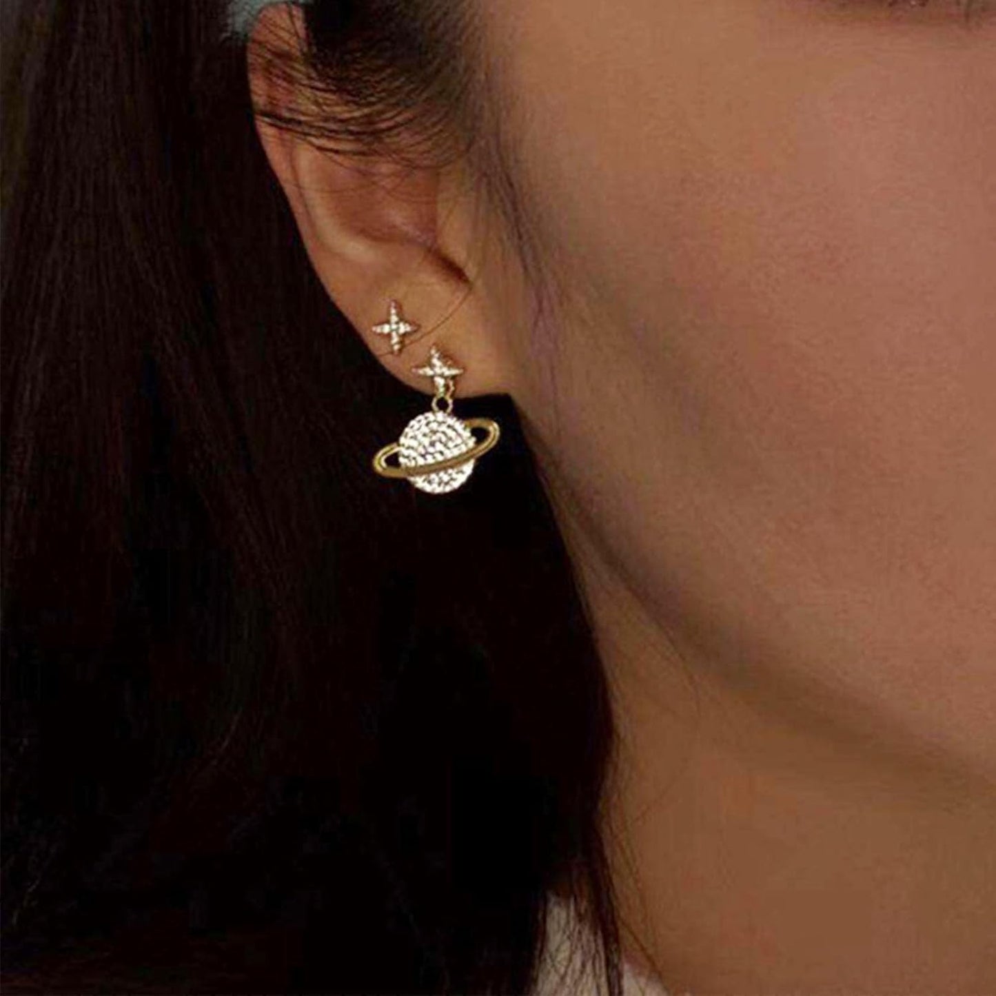 Crystal Saturn Planet Jacket Earrings Vintage Saturn Dangle Earrings Rhinestone Planet Drop Earrings Gold Cz Northstar Stud Earrings Celestial Front Back Earrings for Women Gifts