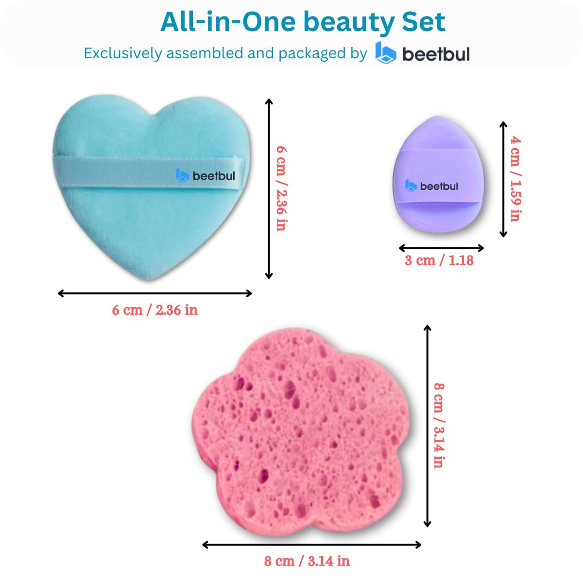 Beetbul Makeup & Exfoliation Kit - Bissú Compact Powder + 1 Medium Velvet Puff + 2 Finger Puffs + 1 Facial Exfoliating Sponge (01 Translucid, One Size)