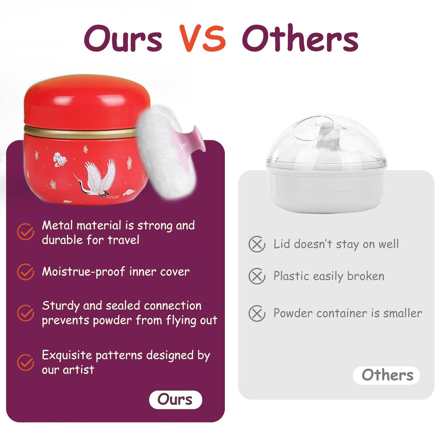 Body Powder Puff and Container for Dusting Powder, Women Powder Puff and Powder Case for Bath and Travel (Crane Pattern)