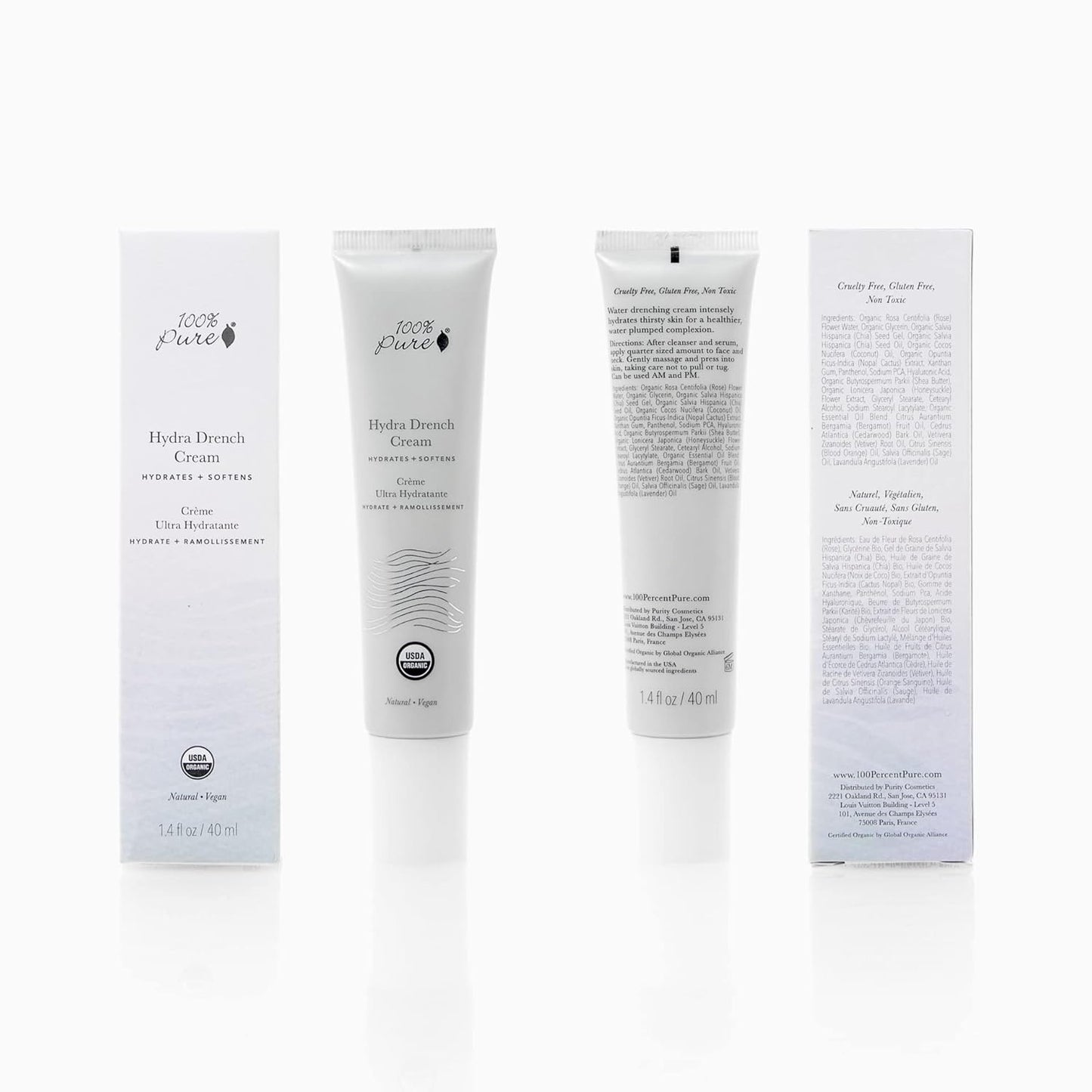 100% PURE Hydra Drench Cream, Daily Face Moisturizer with Hyaluronic Acid, Rose Water, Skin Care for All Skin Types, Natural Face Cream - 1.4 Fl Oz