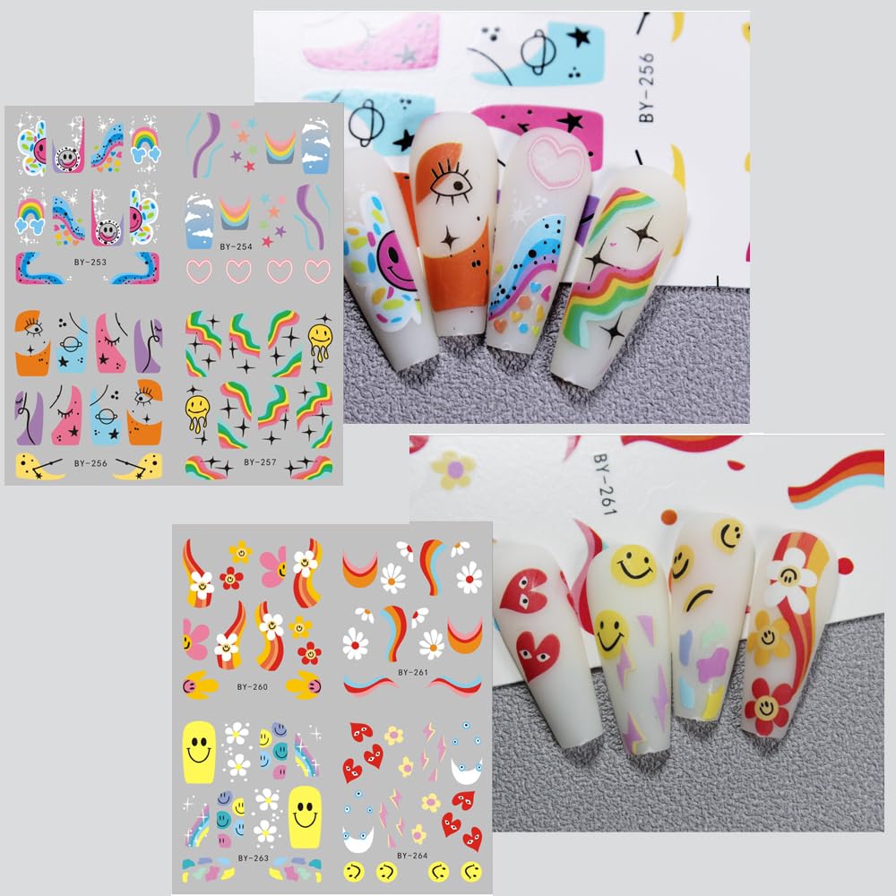 Abstract French Tips Nail Art Stickers Decals Colorful Sun Flower Smiling Nail Foils Sticker Water Transfer Nail Decals Rainbow Design Acrylic Nail Sticker for Nail Art Women Nail Decoration 12Pcs