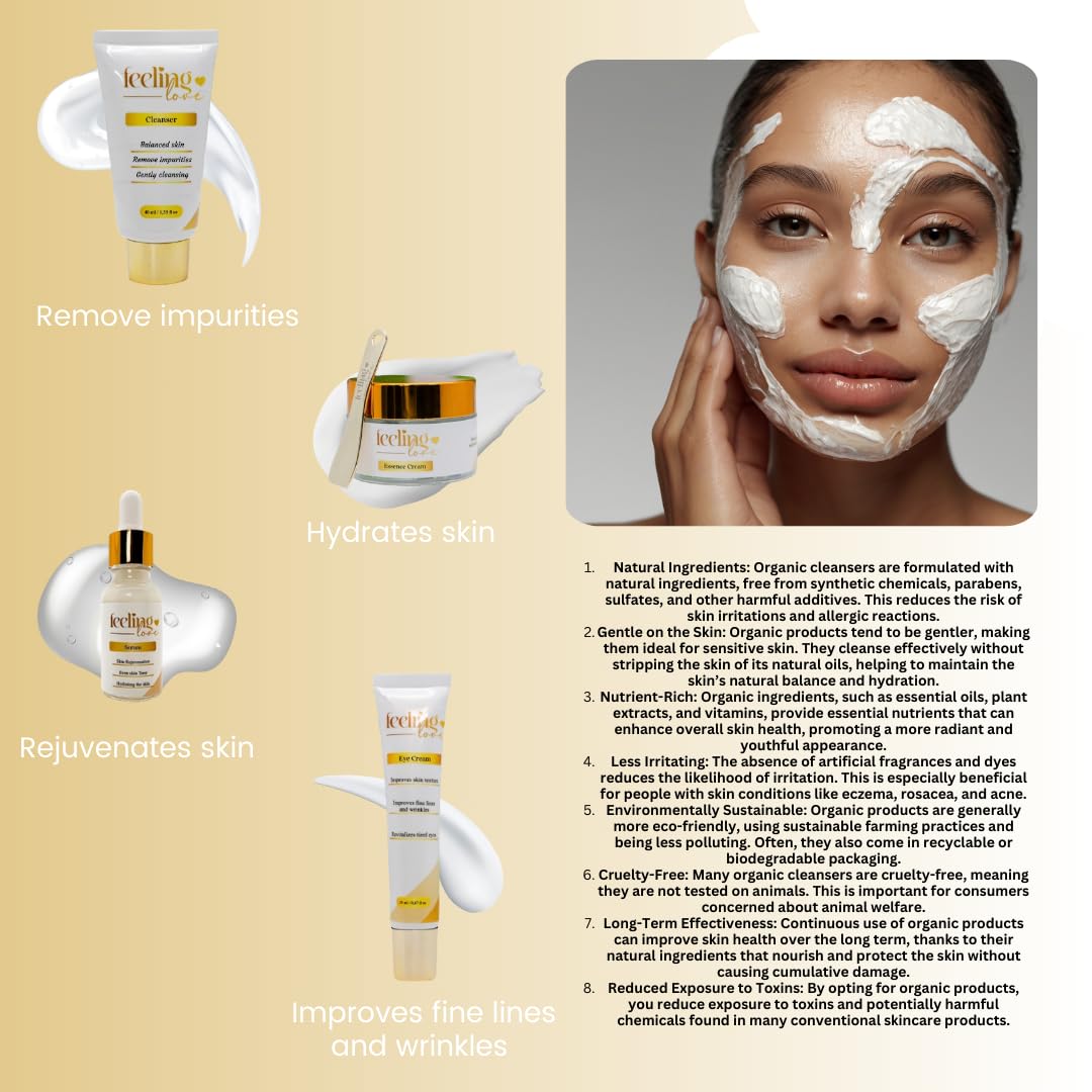 Introducing our exclusive Skincare Set: Cleanser, Serum, Essence Cream, and Eye Cream - Experience the Ultimate 4-Step Natural Beauty Routine for Achieving Radiant, Glowing Skin.