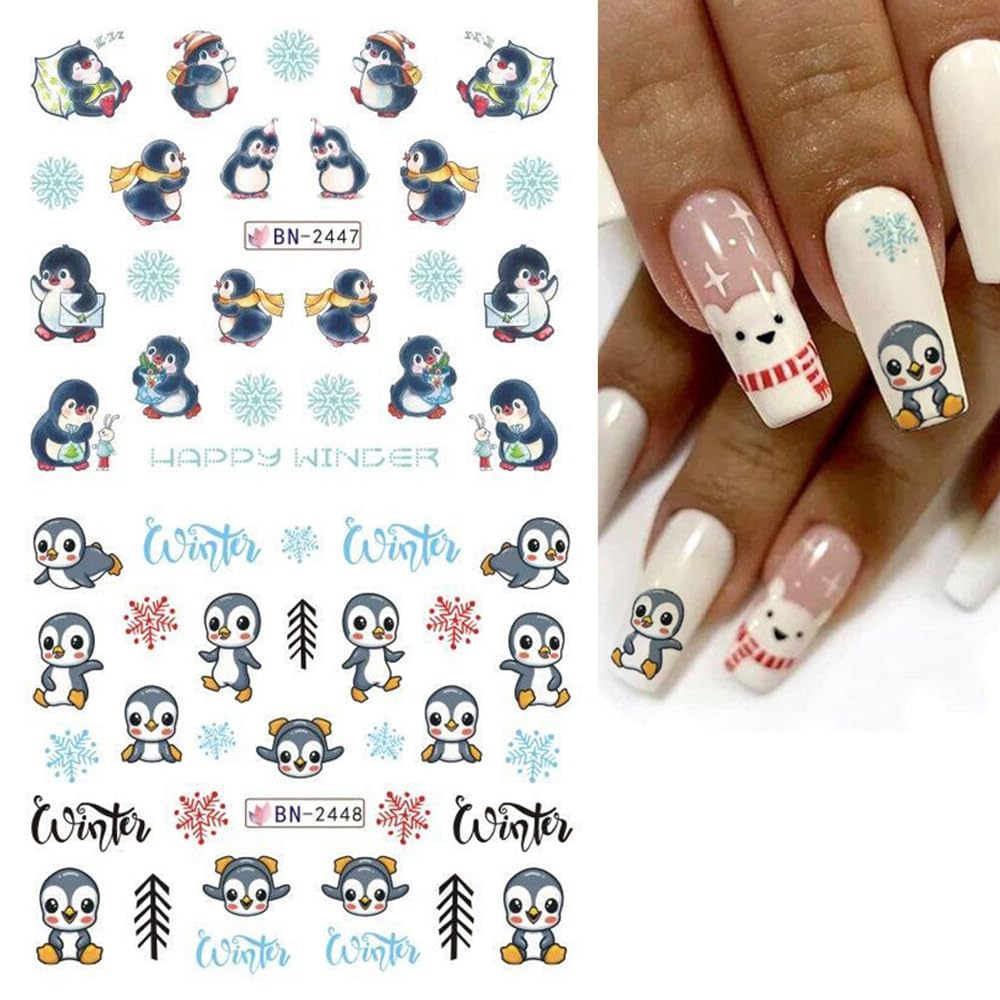 Snowflake Nail Art Stickers Decals Christmas Decorations - 12 Sheets Winter Snowman Elk Penguin Bear Design Water Transfer Slider Foils Supplies for Women DIY Acrylic