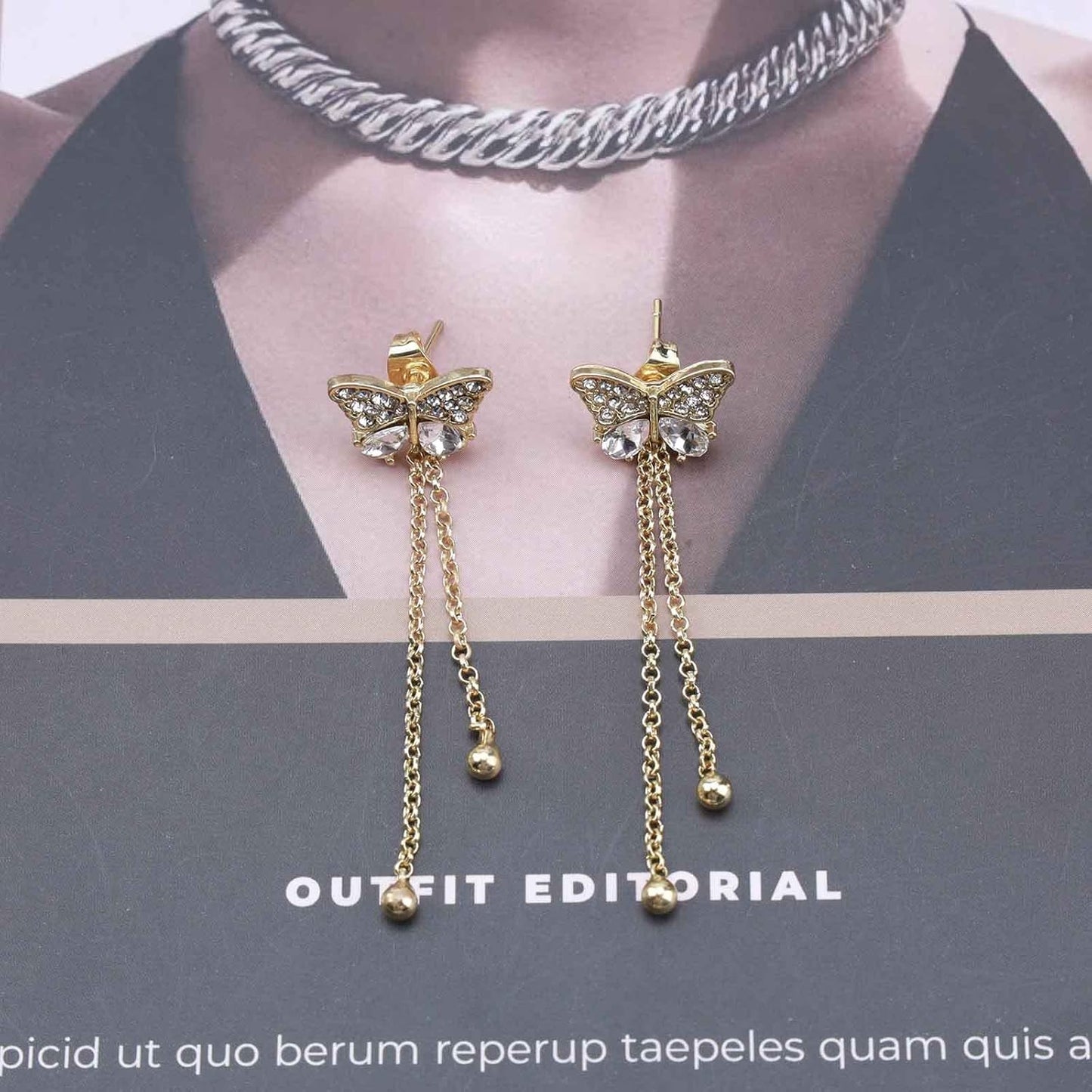 Vintage Crystal Butterfly Stud Earrings Gold Long Chain Earrings Thin Drop Chain Earrings Cz Paved Butterfly Earrings Retro Hanging Chain Earrings Jewelry for Women and Girls