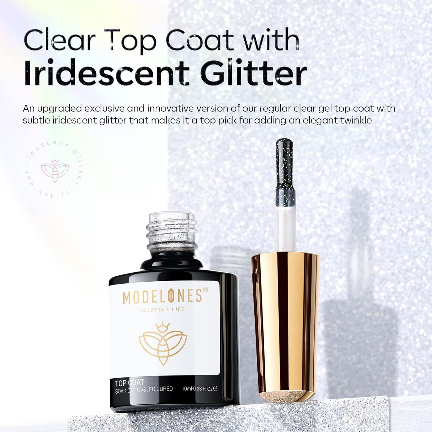 Modelones Glitter Gel Top Coat, Iridescent Silver Mix Glitter Gel Polish No Wipe Top Coat Glossy Sparkly Finish Long Lasting Soak Off Rainbow Shimmer Nail Polish Nail Art Gift, 10ml