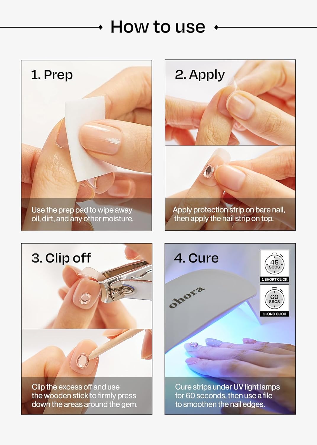 ohora Semi Cured Gel Nail Strips (N Twinkle Bell) - Works with Any Lamps, Salon-Quality, Long Lasting, Easy to Apply & Remove - Includes 2 Prep Pads, Nail File & Wooden Stick