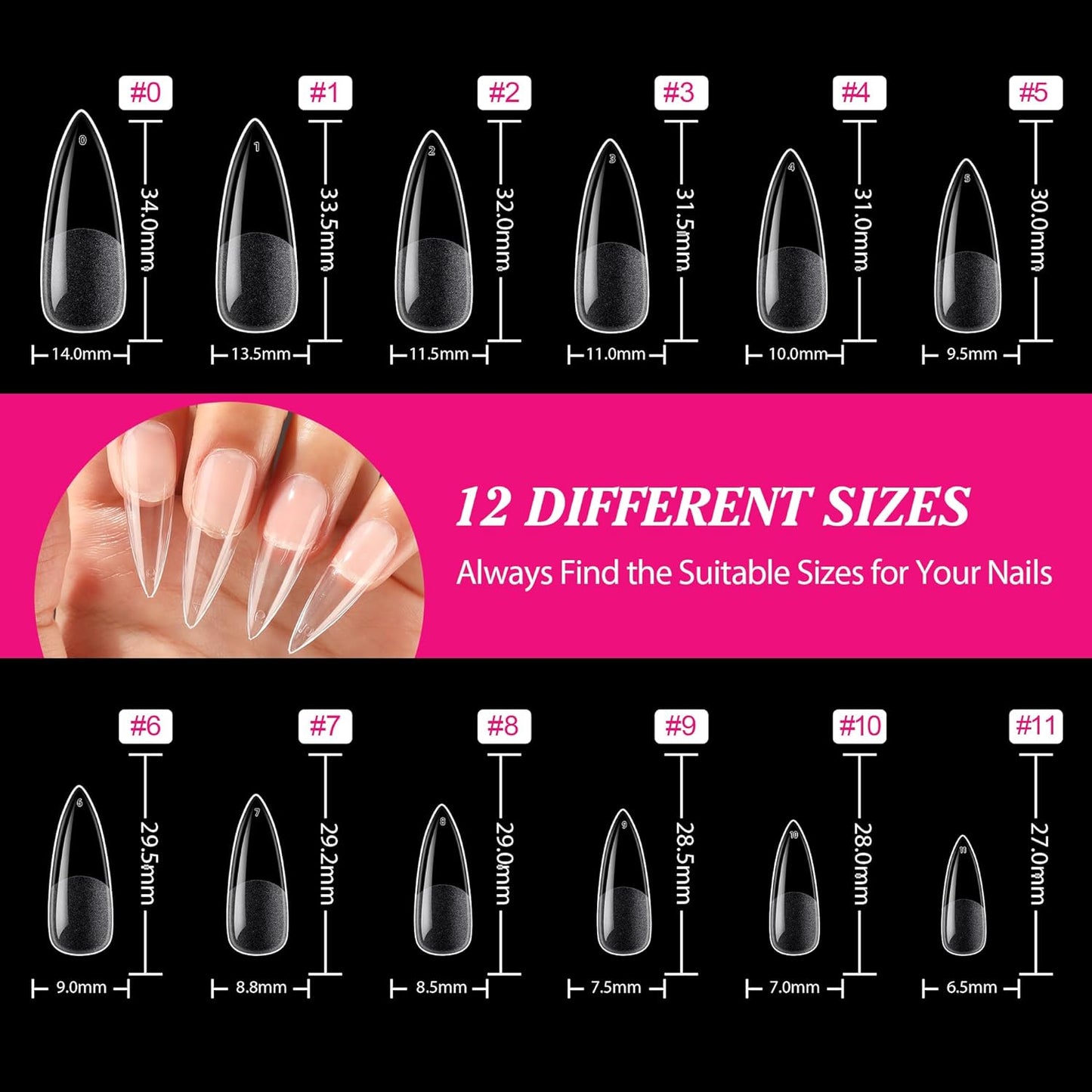 UNA GELLA Long Stiletto Gel Nail Tips Halloween Full Cover 504PCS Pre-shape Long Stiletto Almond Fake Clear Nails Tips No Need File Gel Tips No C Curve for Nail Extension DIY Art Salon 12 Sizes