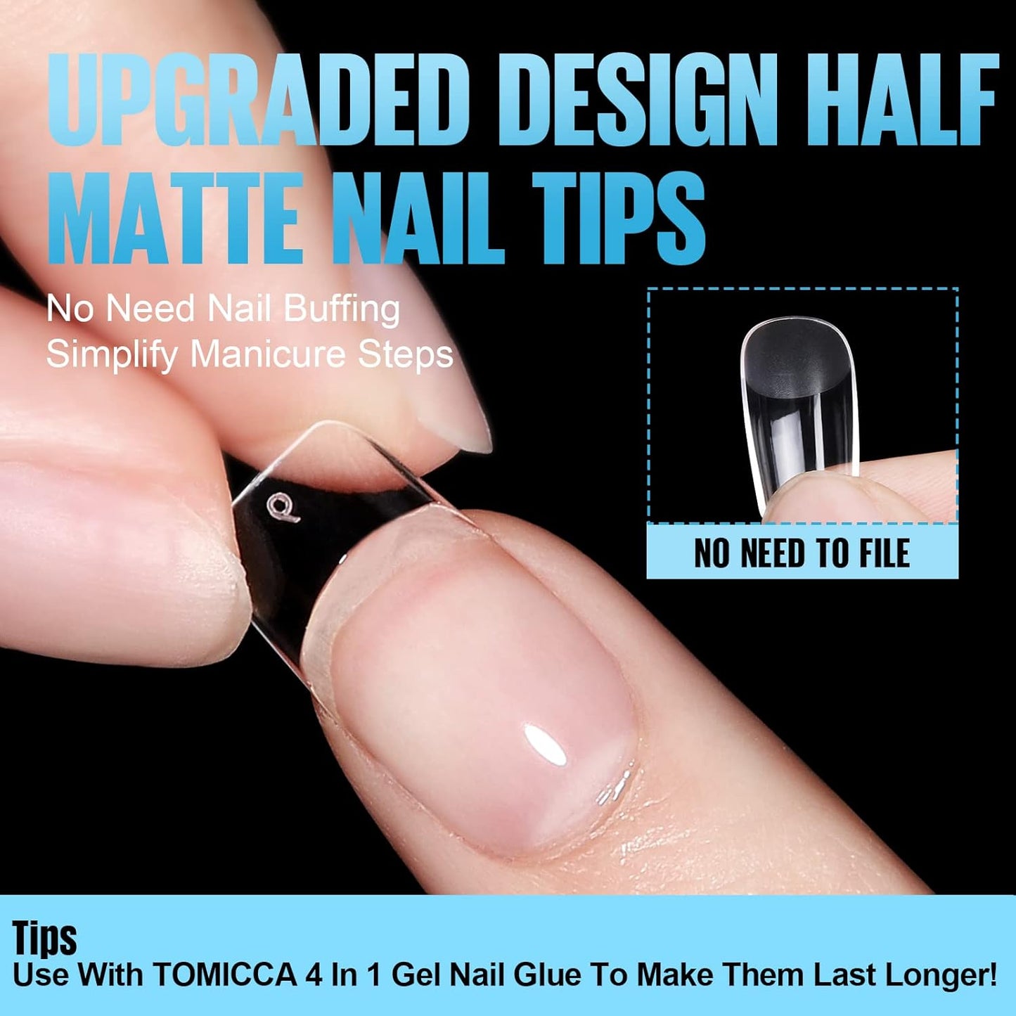 TOMICCA Short Square Nail Tips,Acrylic Gel Tips 240Pcs Fake Nails Full Cover 12 Sizes False Nails Half Matte for Nail Extension Home DIY Salon