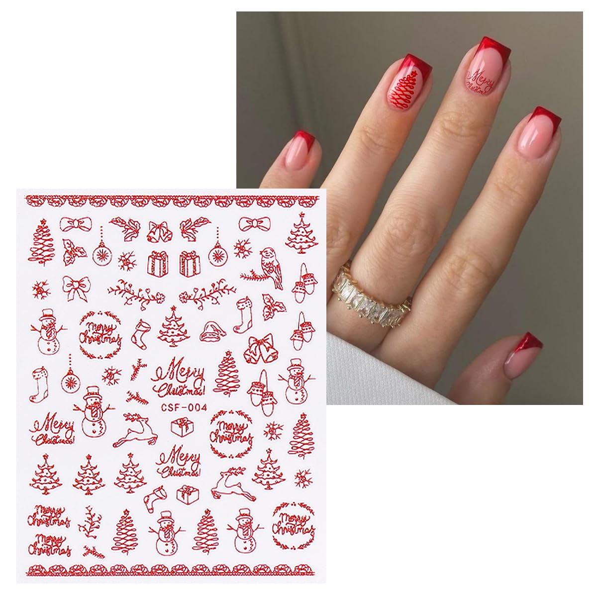 JMEOWIO 9 Sheets Christmas Glitter Nail Art Stickers Decals Self-Adhesive Red Nail Supplies Nail Art Design Decoration Accessories