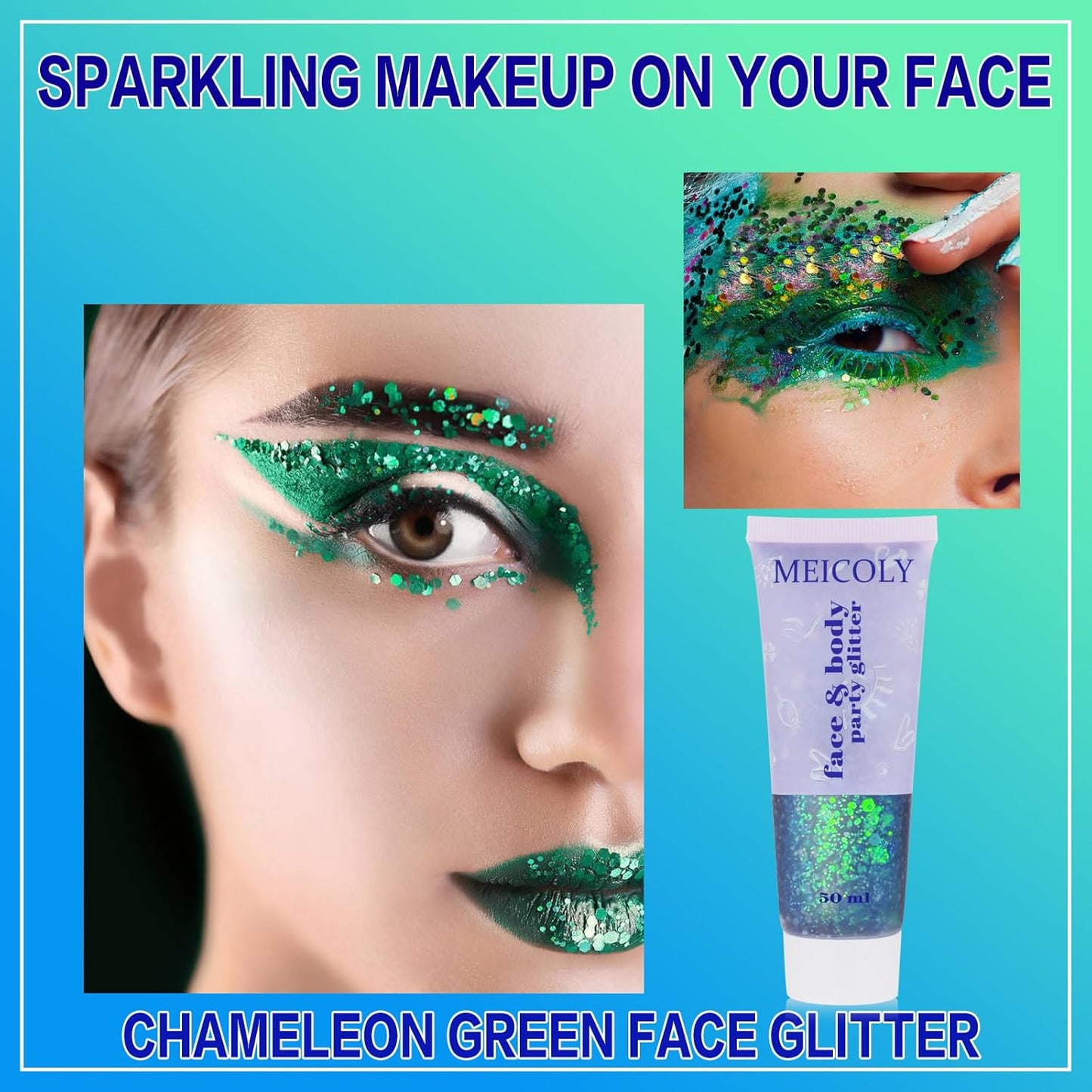 MEICOLY Chameleon Green Face Body Glitter,St Patricks Day Accessories,Color Changing Mermaid Face Glitter,Chunky Glitter Face Paint for Face Body Hair,Festival Rave Outfits Accessories for Women