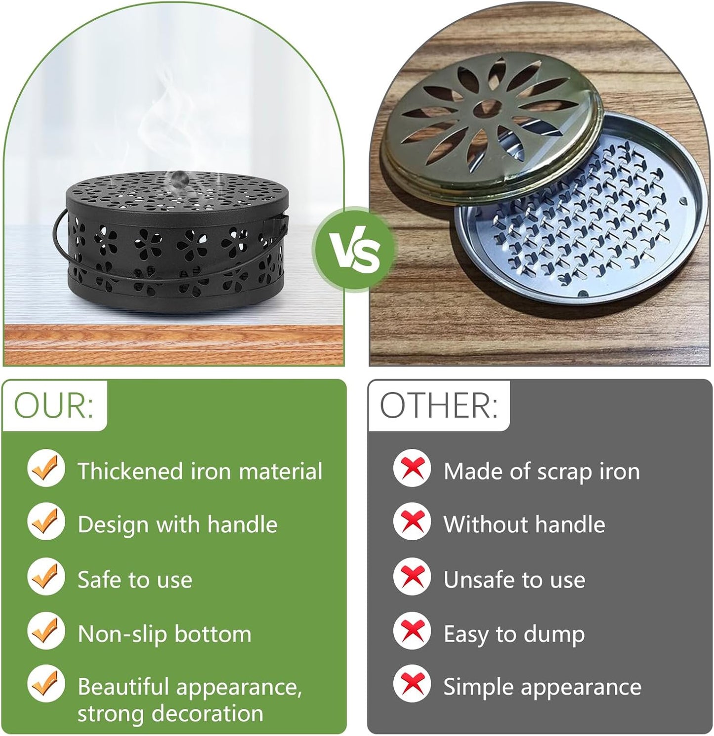 Portable Iron Mosquito Coil Holder with Handle Round Heat-Resistant Incense Holder (Black)