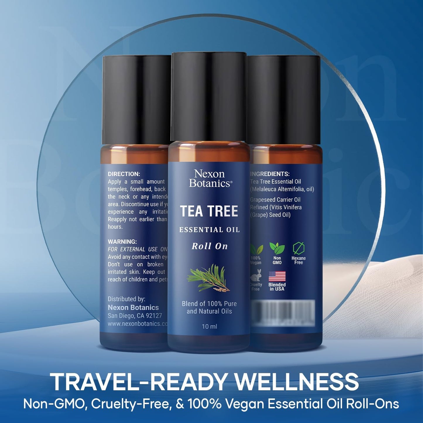 Tea Tree Oil Roll-On 10 ml - 100% Pure, Natural Essential Oil for Aromatherapy, Skin, Face & Body - Pre-Diluted for Travel - Nexon Botanics