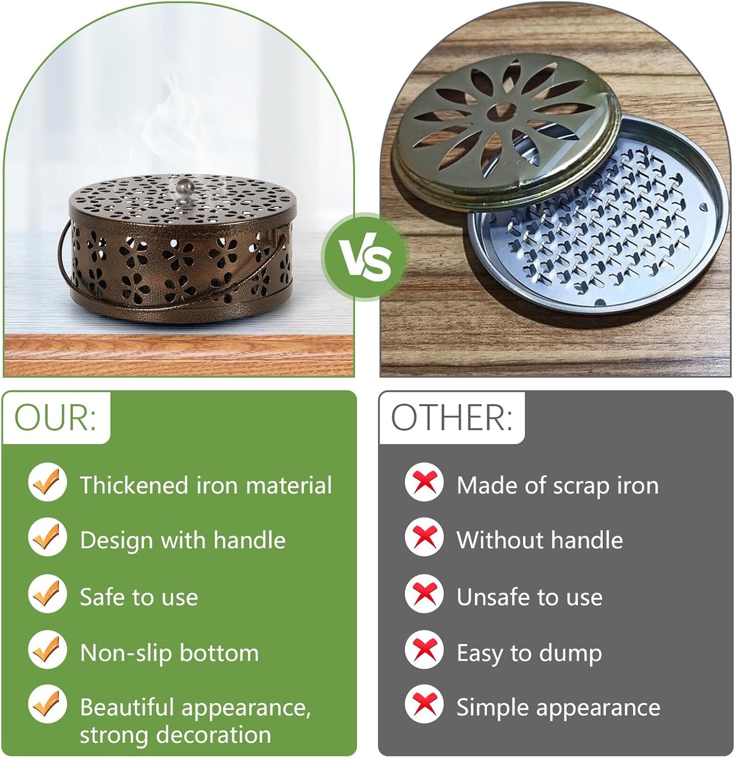 Portable Iron Mosquito Coil Holder with Handle Round Heat-Resistant Incense Holder (Bronze)