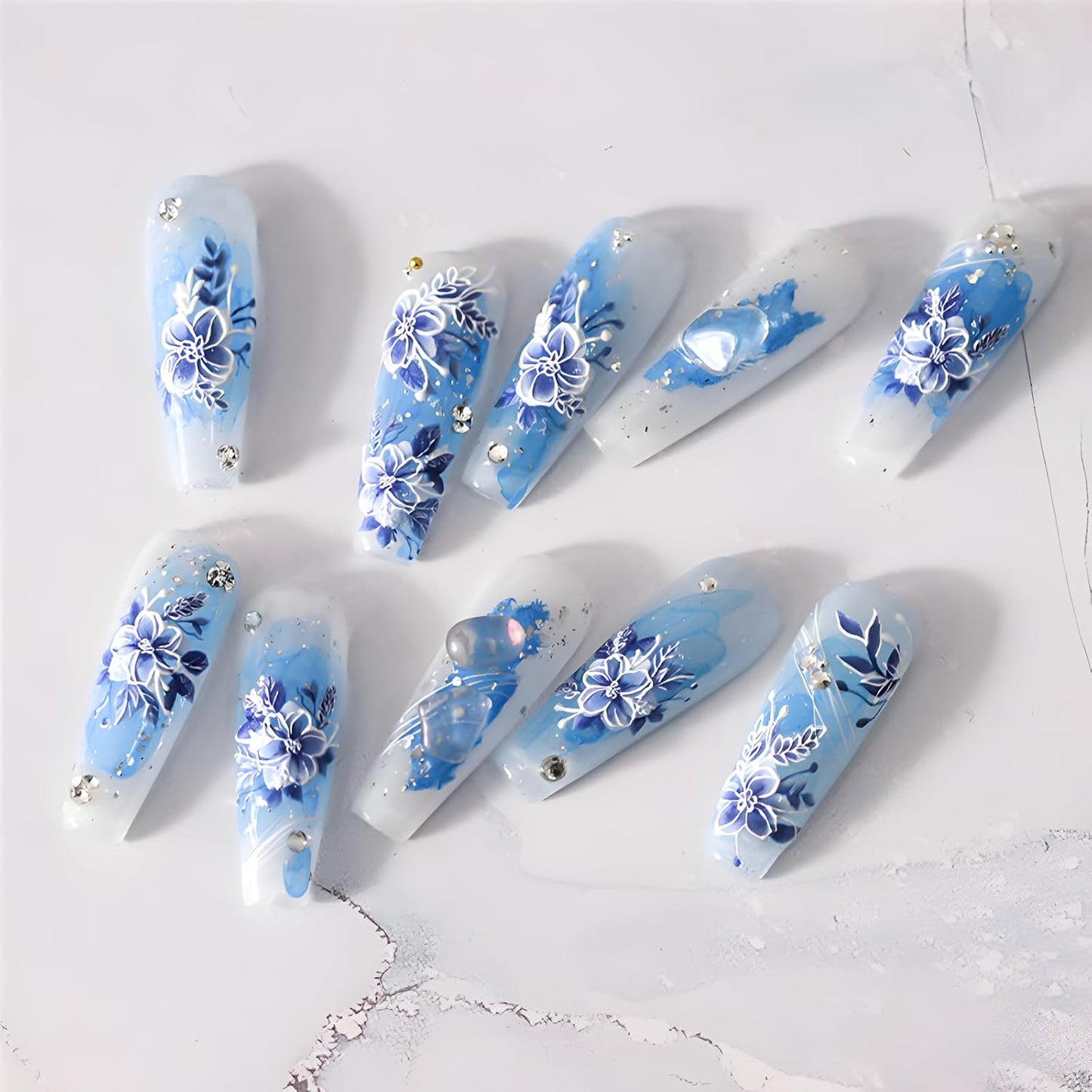 5D Embossed Flowers Nail Stickers for Nail Art Self Adhesive Blue White Flowers Nail Decals Spring Summer Nail Art Stickers Decoration Accessories for Women and Girls