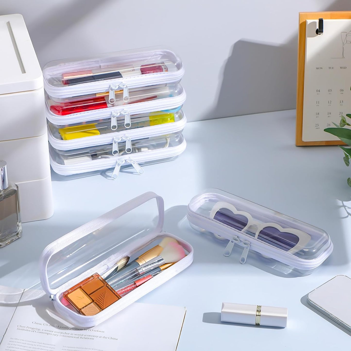 Sanwuta 6 Pcs Clear Hard Zipper Case Pencil Pouches Hard Plastic Zipper Pouches Makeup Bag Transparent Cases for Snacks Plastic Storage Organizer Box for Travel(White,7.87 x 2.56 x 1.57 Inch)