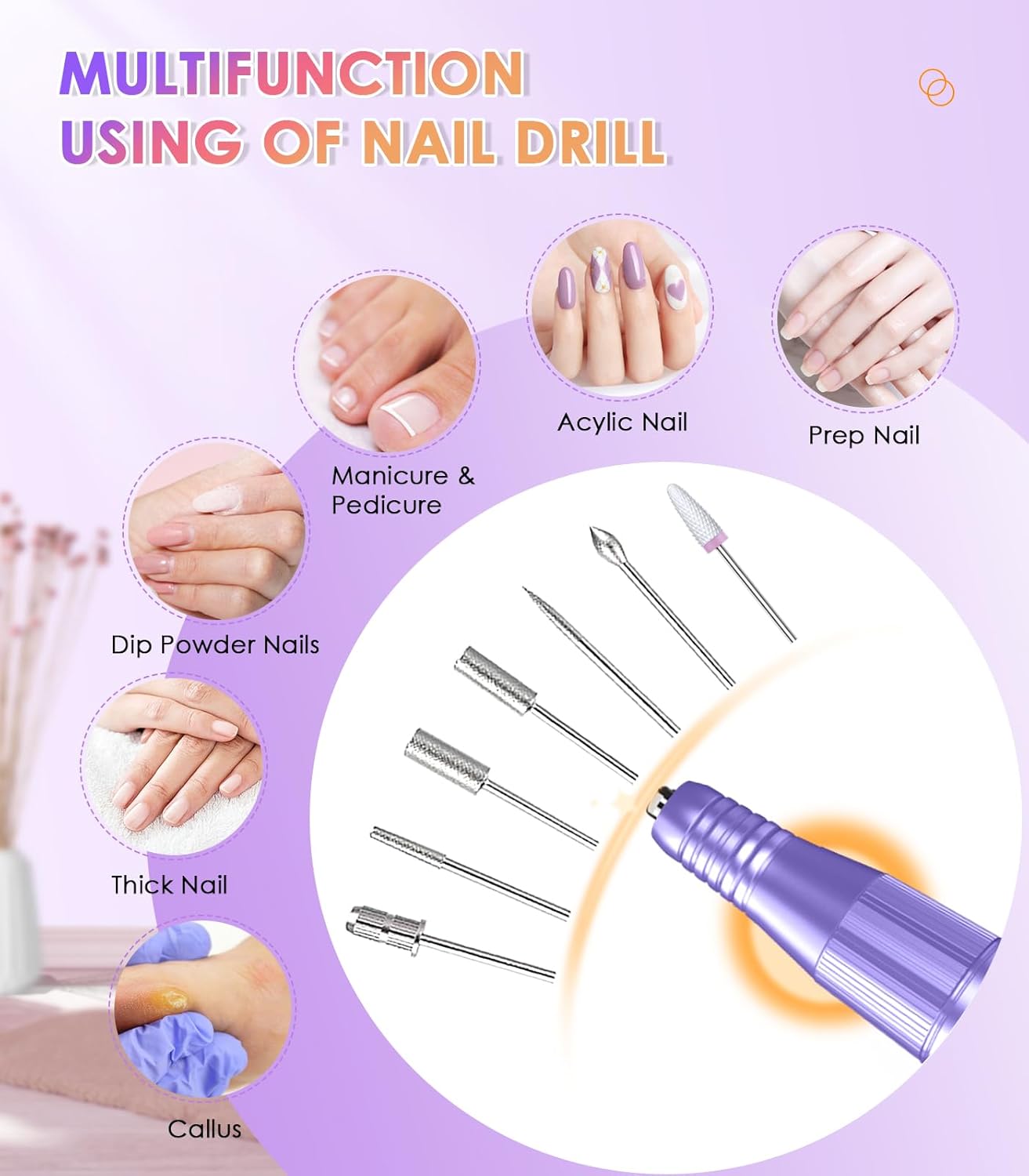 Portable Electric Nail Drill Machine: Professional Nail File Machine 40000RPM, Rechargeable Cordless Nail-E File with Bits & Base for Acrylic Nails Remove Gel Polish Manicure Salon Home, Light Purple