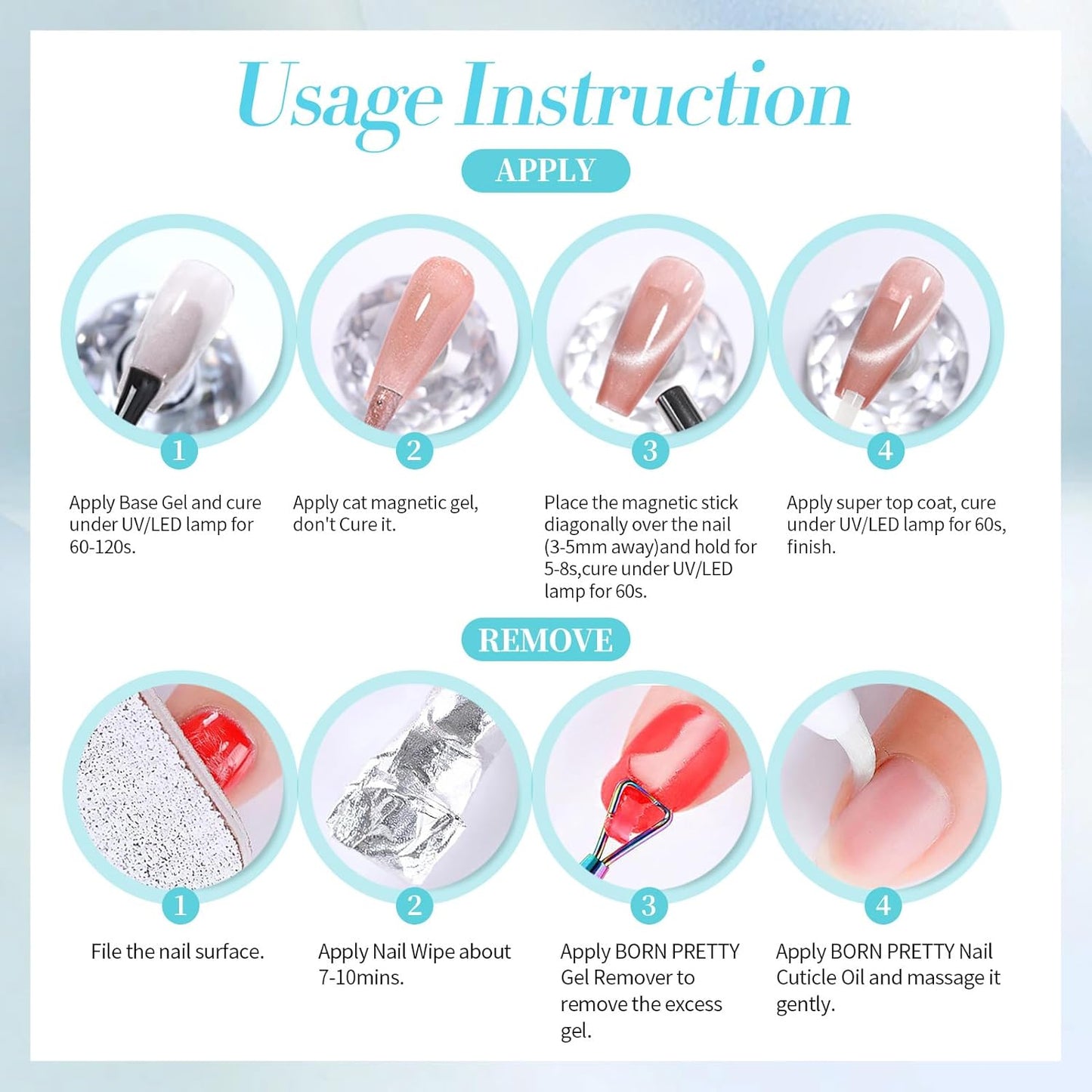 BORN PRETTY Blue Cat Magnetic Eye Gel Nail Polish, Rainbow Holographic Moonlight Glass Magnetic Gel Nail Polish 15ML