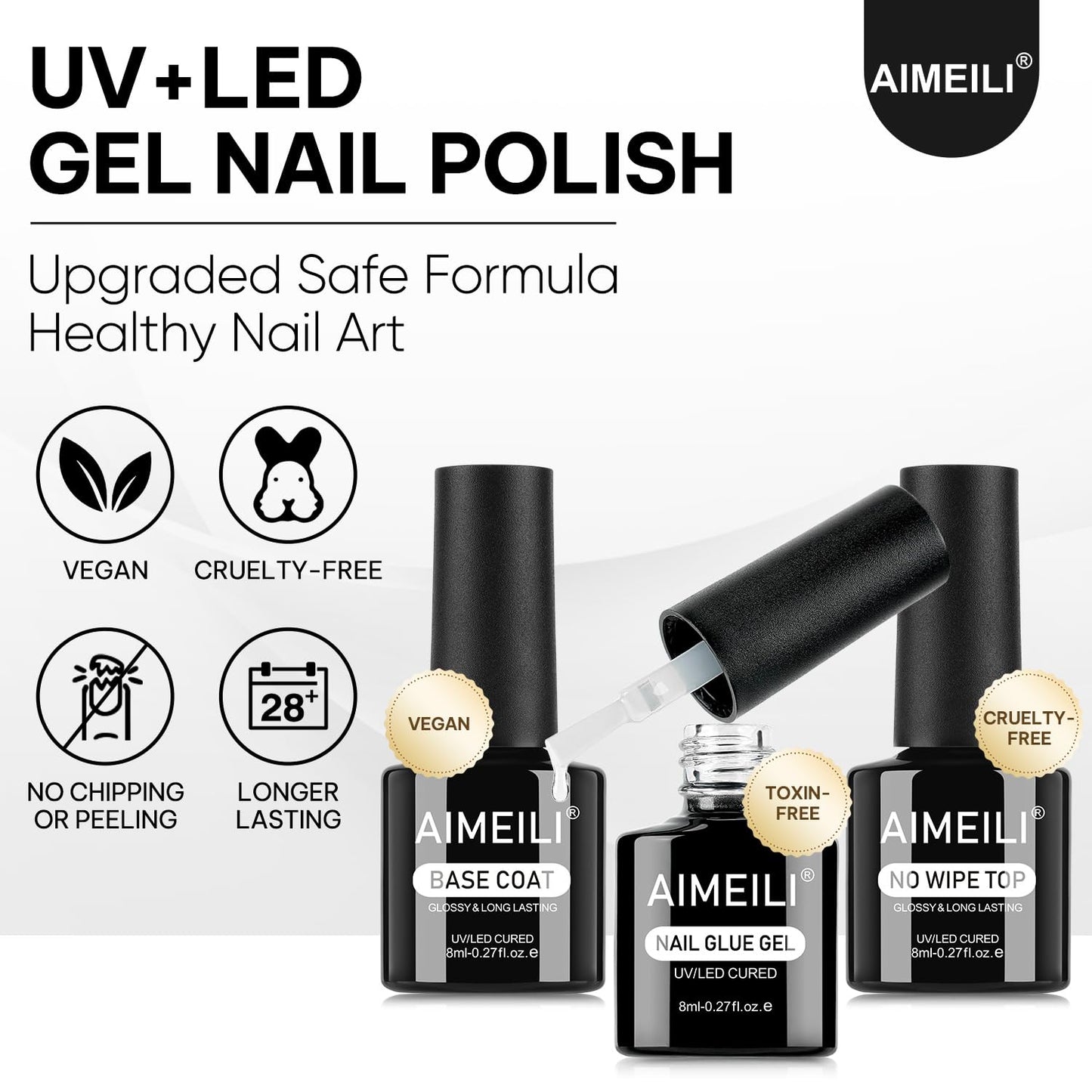 AIMEILI Base Coat Top Coat Nail Glue Gel Kit 3pcs, Hema Free, Cruelty Free, Vegan, Clear High Gloss Gel Nail Polish Long Lasting Nail Art