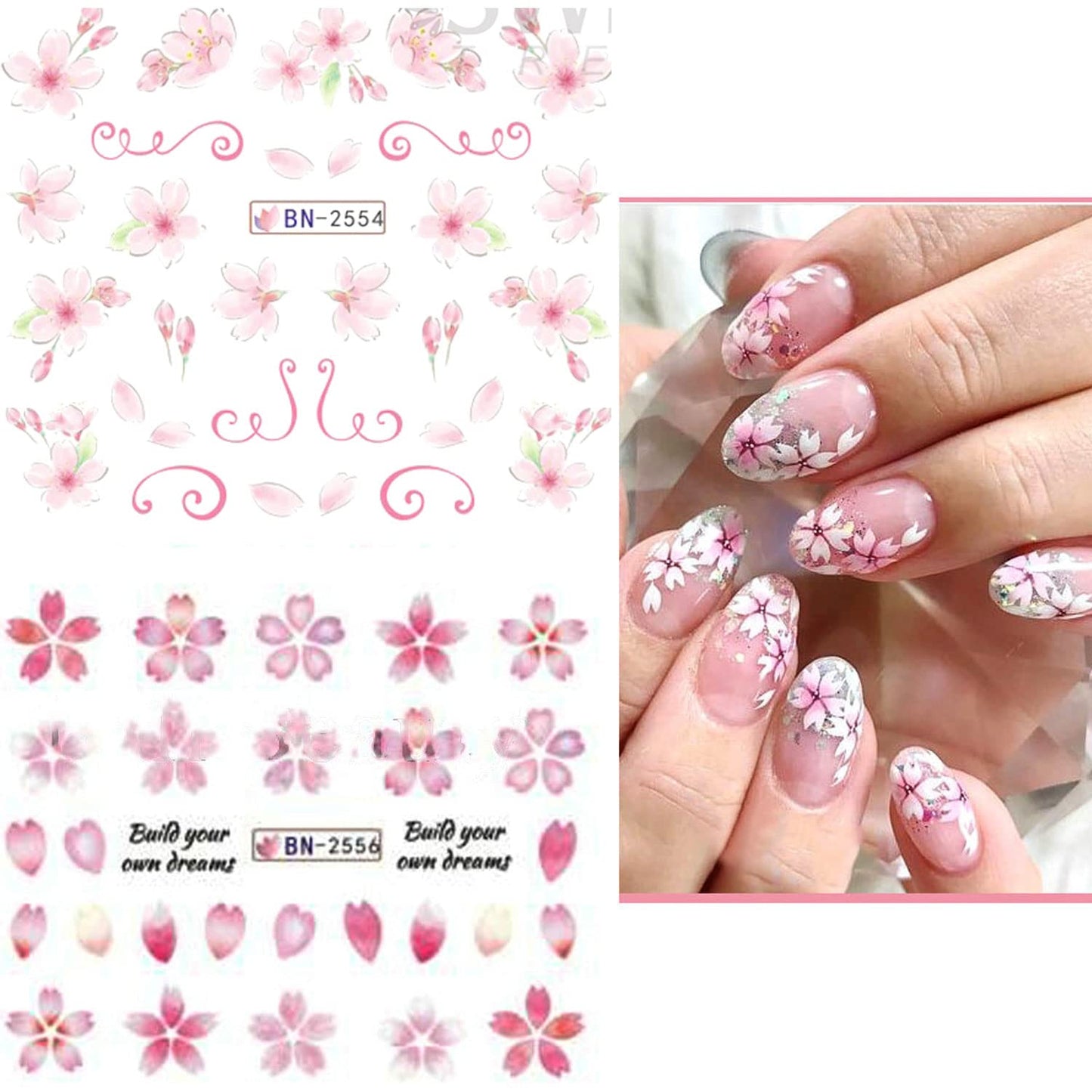 Sakura Water Transfer Nail Stickers - Cherry Blossom & Leaf Designs for Women & Girls - Pink Flower Nail Art Decoration Supplies