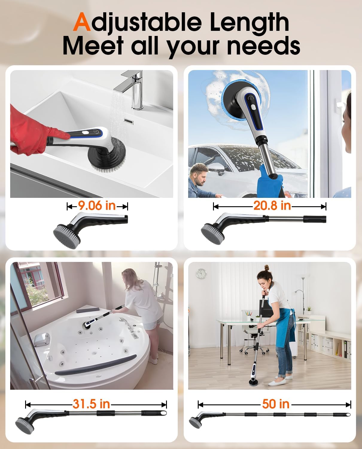 Electric Spin Scrubber, Rocfinity IPX7 Waterproof Cordless Cleaning Brush, 9 Brushs Heads Shower Scrubber - Extendable Long Handle Electric Cleaner Brush for Window,Floor,Car,Bathtub,Kitchen