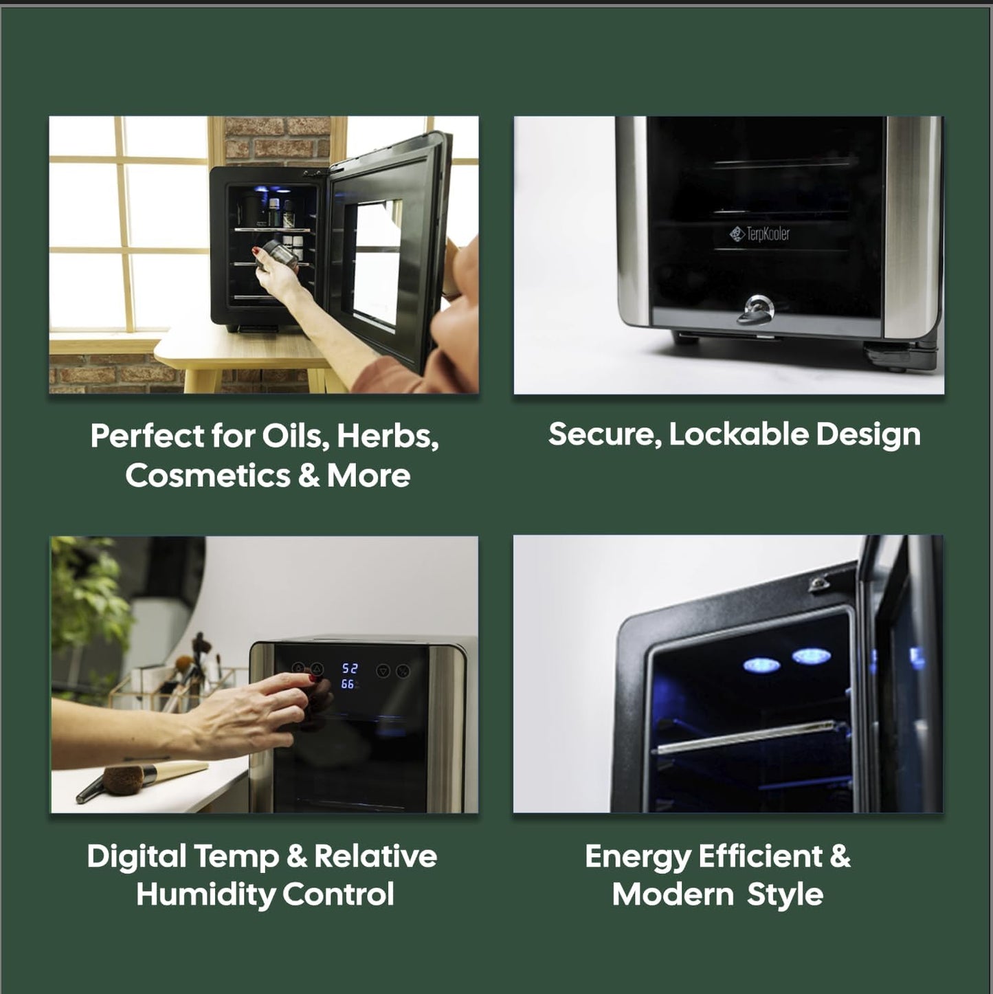 Essential Cooler Compact Portable Mini Fridge with Temp & Humidity Control, 3 USB Ports, Smoked Glass Shelves, Lockable UV Glass Door for Herbs, Oils, Cosmetics, and More