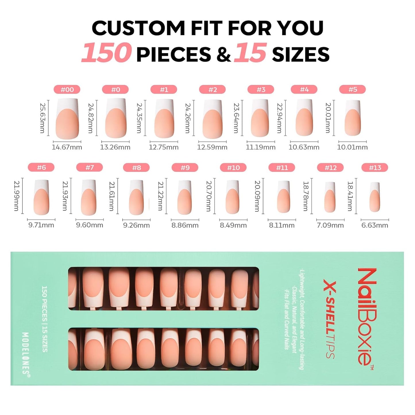 modelones French Tip Press on Nails, 150Pcs Long Square Fake Nails with Nail Box, Deep Nude Gel Nail Tips for Women, Soft Glue-On Nails for Natural Salon Look, DIY Nail Art Kit (15 Sizes)