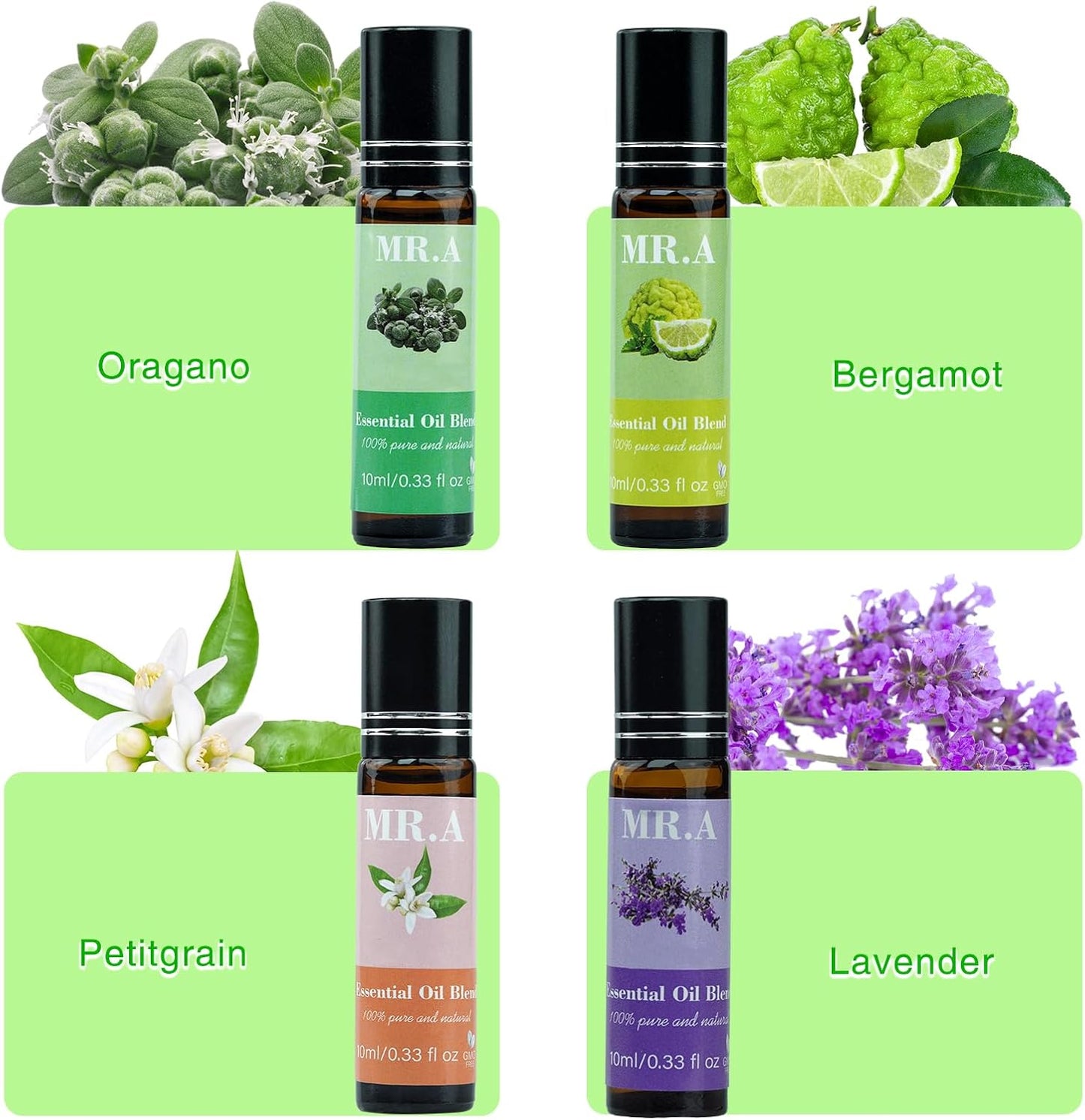 4 Pack Essential Roll On Blend Oils Set, 100% Natural Fragrance Oil, Aromatherapy Roll On Blend Oil with Pure Lavender, Petitgrain, Bergamot, Marjoram Oil, Gift for Women Men 0.33 fl.oz