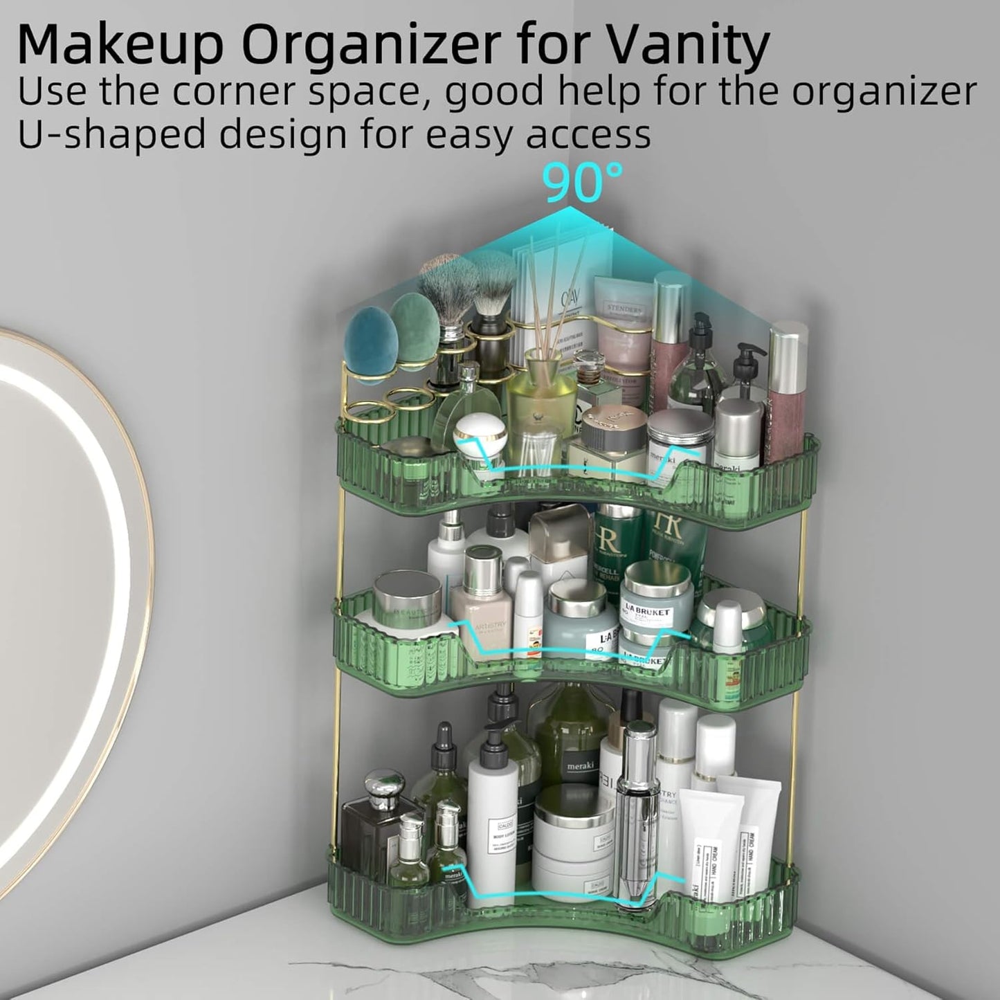 3 Tier Corner Bathroom Organizer Countertop, Vanity Makeup Organizer with Brush Holder, Space-Saving Skincare Storage Corner Shelf for Bathroom, Dressing Table, Kitchen