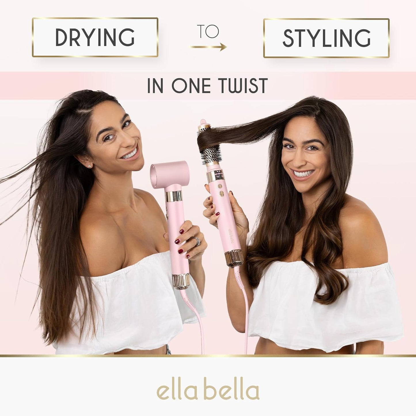 ELLA BELLA® 6 in 1 Professional Hot Air Styler • Powerful Hair Dryer & Straightener Set • Styling Without Heat Damage • Fast Drying Curling Volumizing Straightening • Protective Travel Case (Pink)