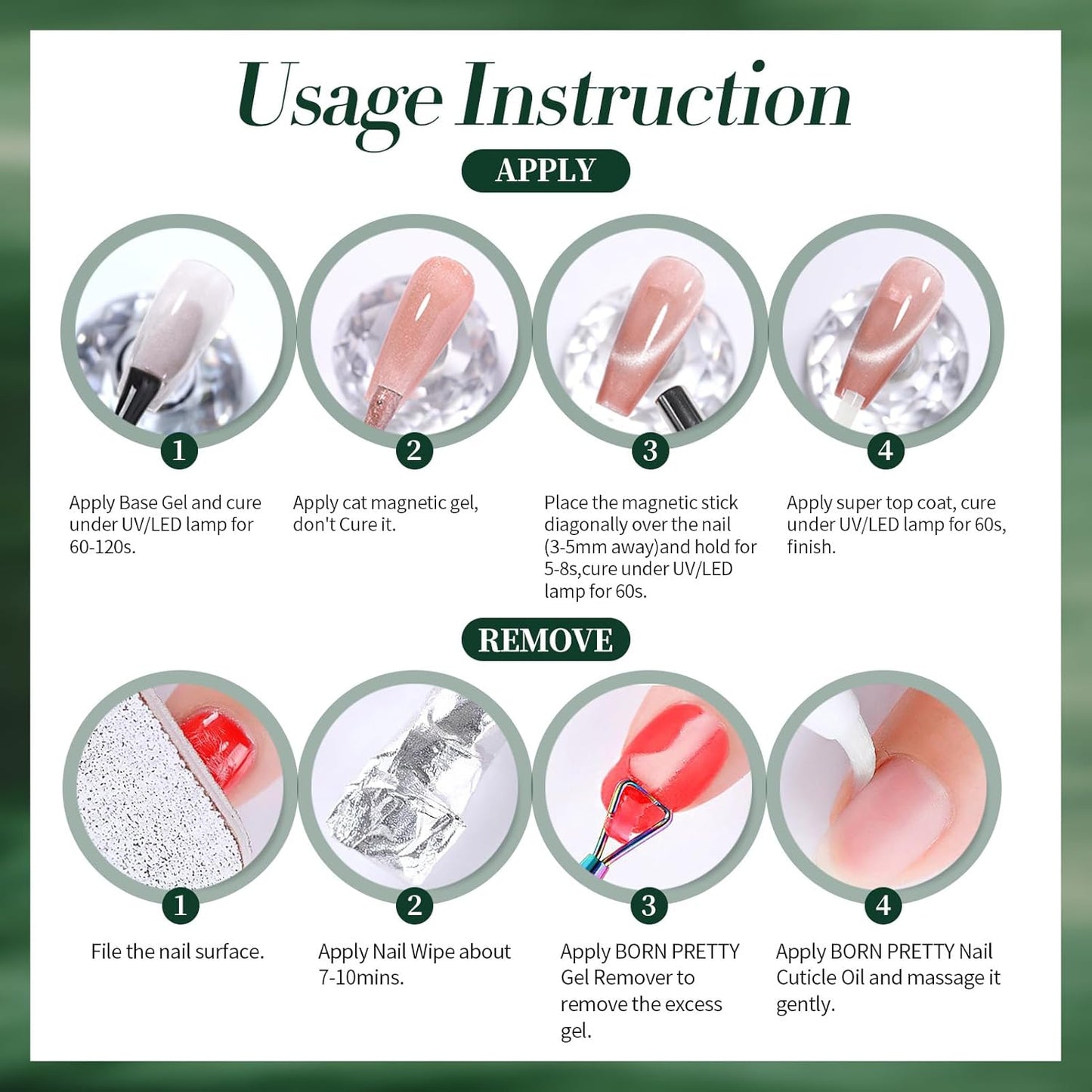 Born Pretty Cat Magnetic Gel Nail Polish, Retro Green Gel Polish Crystal Cat Holographic Magnetic Nail Polish Nail Art Manicure Salon DIY at Home 15ML