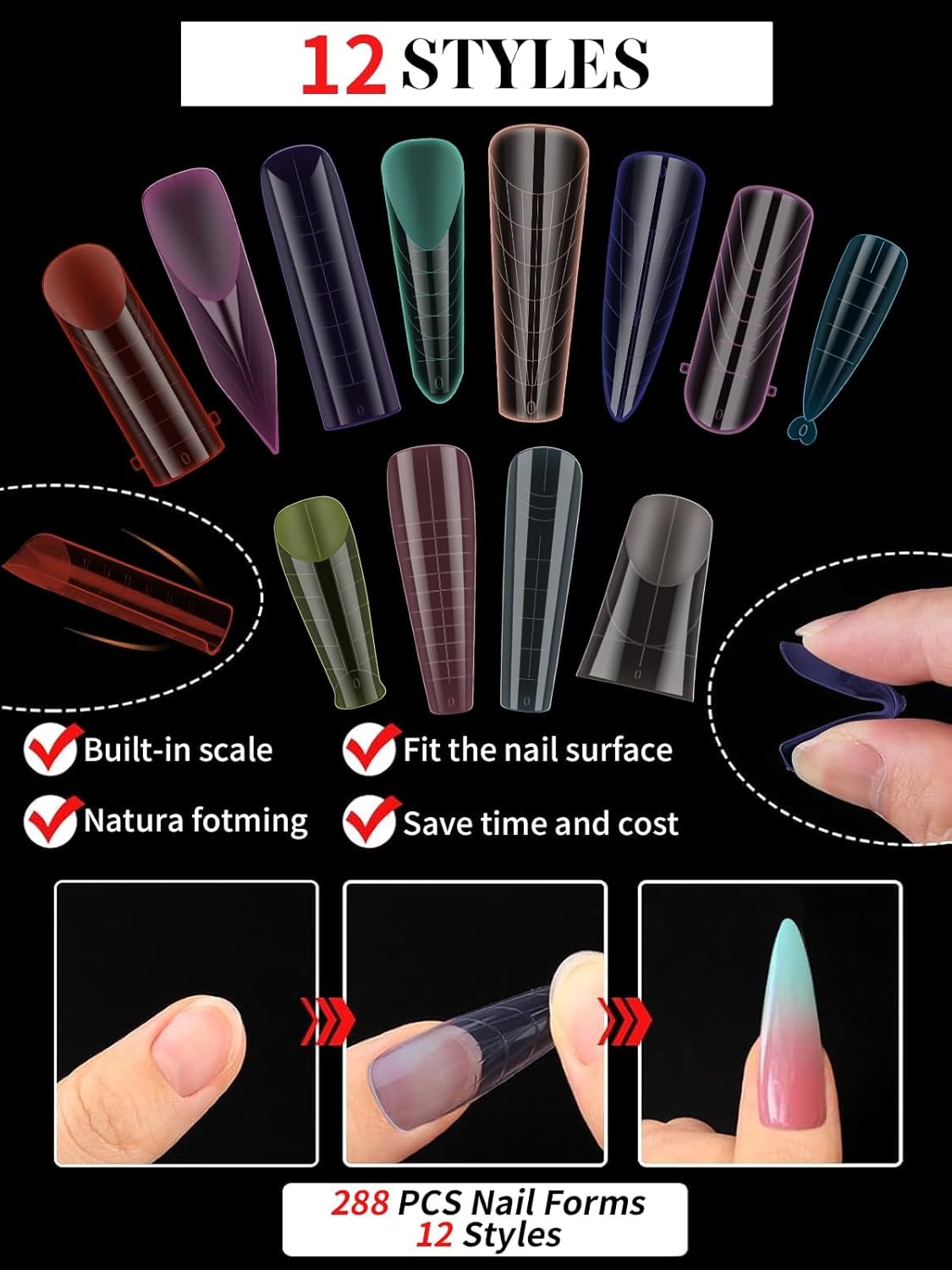 Dual Forms for Poly Nail Gel, 288PCS 12 Colors Dual Nail Forms Extension Molds Stiletto Coffin Square Acrylic Nail Tips 12 Shapes for Builder Gel Manicure Nail Art Design Salon DIY at Home