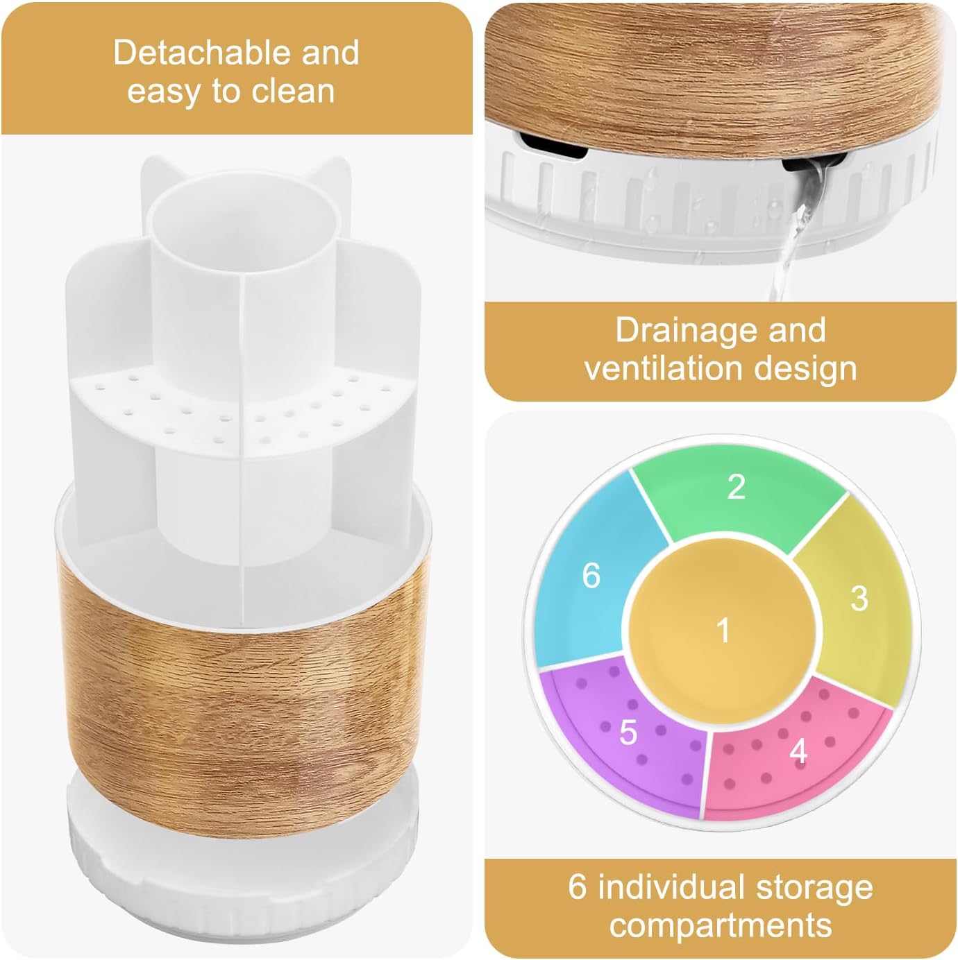 Wood Toothbrush Holders Organizers - Rotating Detachable 6 Slots Electric Toothbrush and Toothpaste Holde for Bathroom Accessories Organization Counter Vanity Sink Storage