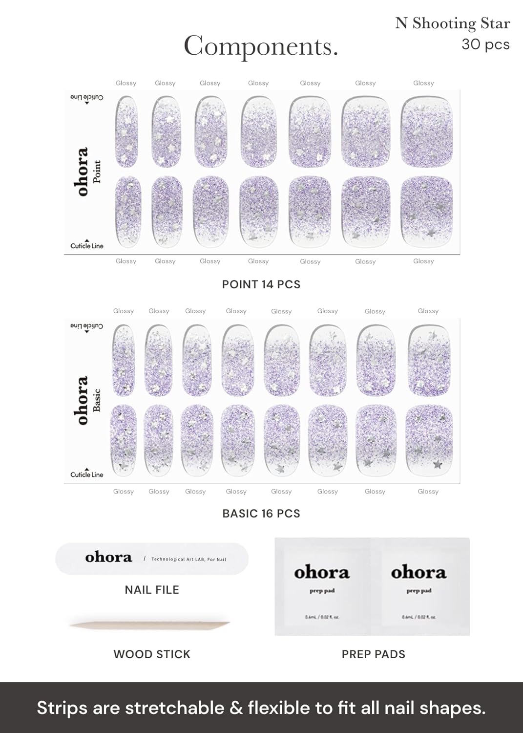 ohora Semi Cured Gel Nail Strips (N Shooting Star) - Purple, Glitter, Works with Any UV/LED Lamps, Salon-Quality, Long Lasting, Easy to Apply & Remove - Includes 2 Prep Pads, Nail File & Wooden Stick