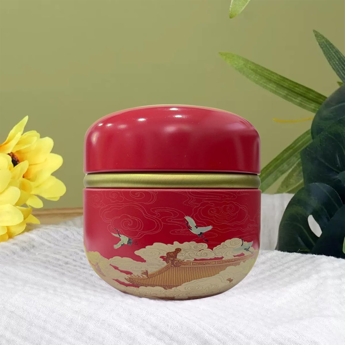 Body Powder Puff and Container for Dusting Powder, Women Powder Puff and Powder Case for Bath and Travel (Crane Red)