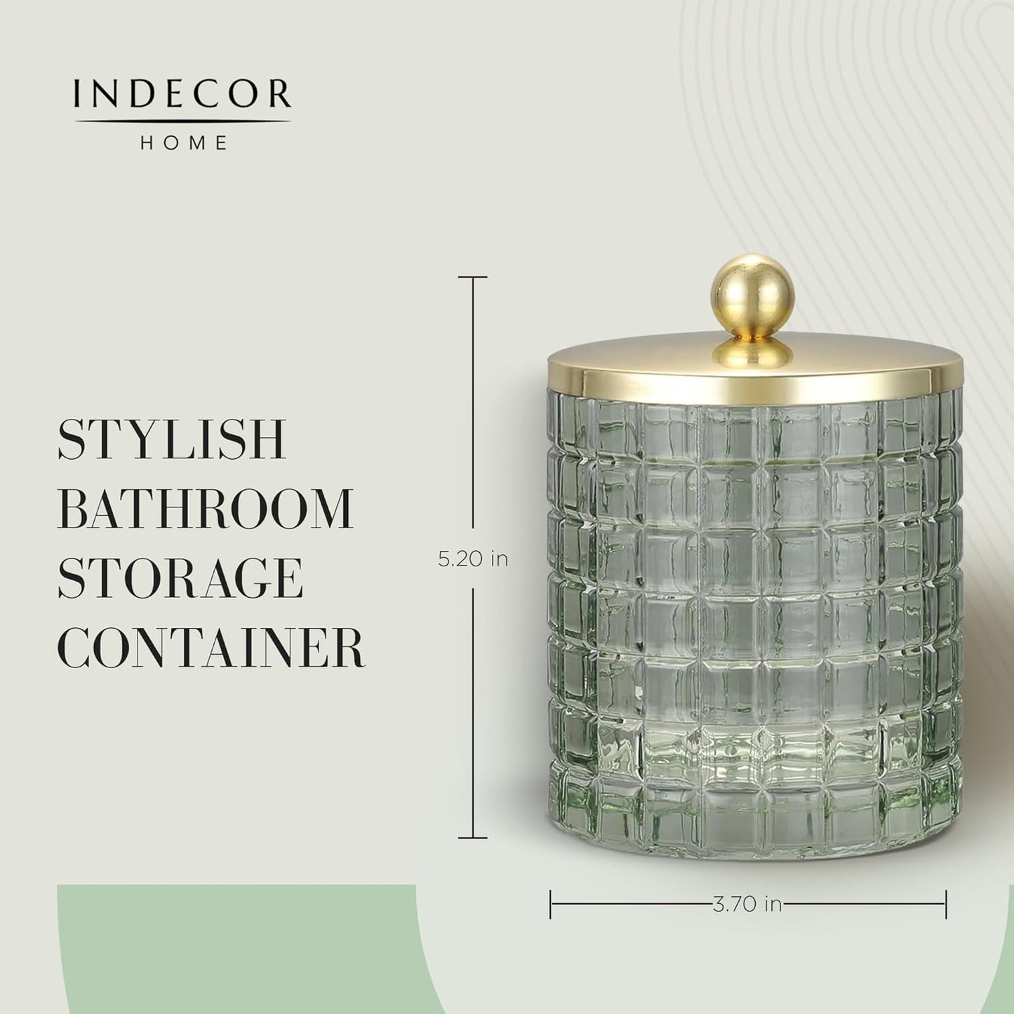 Glass Jar with Metal Lid for Bathroom Organization, Clear Apothecary Jar for Cotton Balls, Q Tips, and Small Accessories, Stylish Bathroom Storage Container Sage Green, Gold