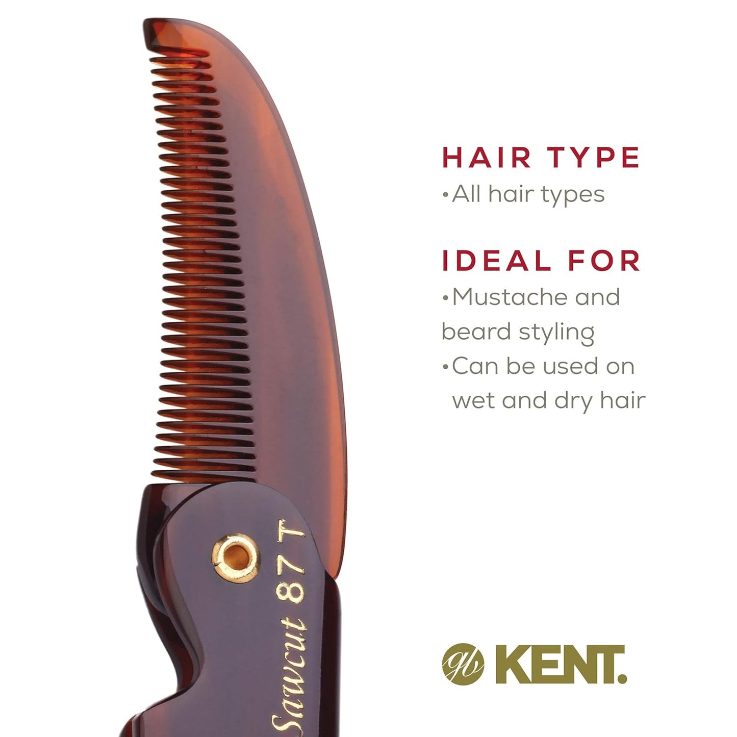 Kent 87T Handmade Folding Pocket Comb for Men, Fine Tooth Hair Comb Straightener for Everyday Grooming Styling Hair, Beard or Mustache, Use Dry or with Balms, Saw Cut Hand Polished, Made in England