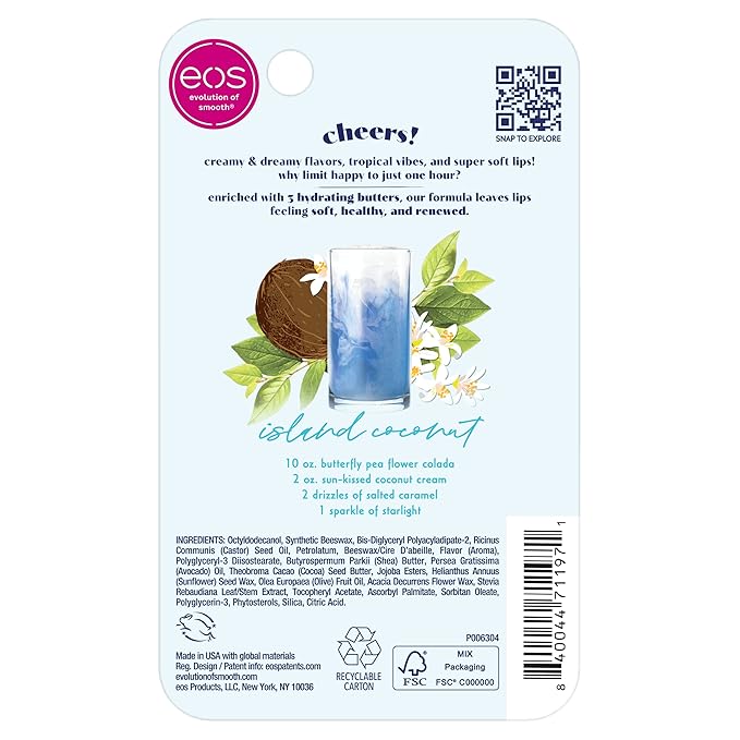 eos Sunset Sips Lip Butter Tube- Island Coconut, 24-Hour Moisture, Overnight Lip Mask, Lip Care Products, 0.35 fl oz