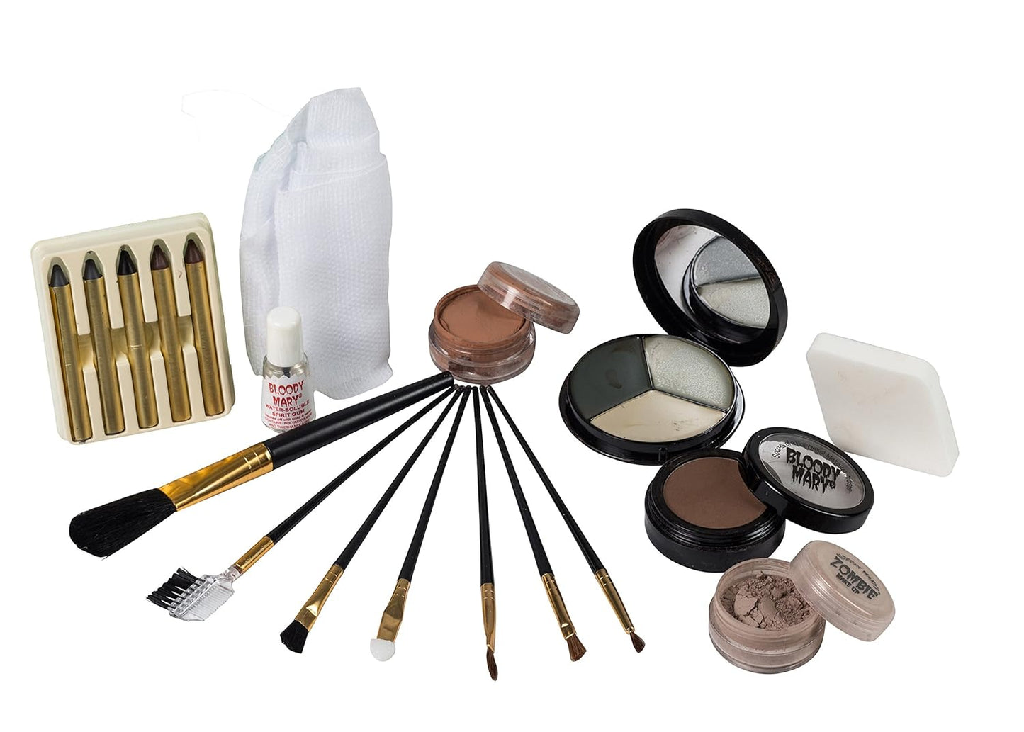 Unwrapped Mummy Makeup Kit By Bloody Mary - Special Effects Set Ideal For Halloween Costumes - Face Powder, Crayons, Eye Shadow, 4 Brushes, Spirit Gum, Bandages & Sponge Included