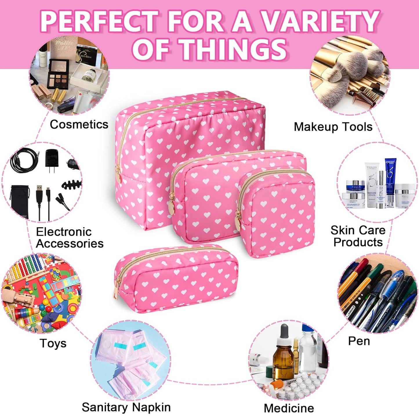 Small Pencil Case Makeup Bag for Purse, Cute Pencil Pouch Preppy Nylon Makeup Brush Bag with Zipper , Girls Portable Stationery Storage Case Small Pen Bag for Office School College(Slim-Pink Heart)