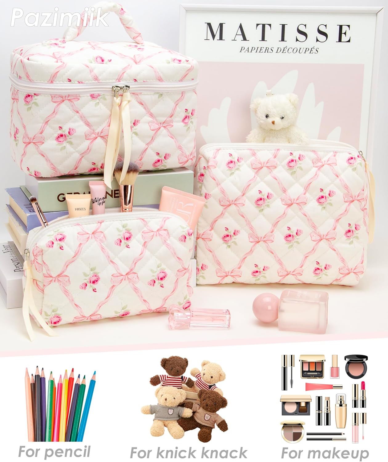 PAZIMIIK 3PCS Makeup Bag SET Large Travel Quilted Zipper Soft Cosmetic Case Pouch for Women Girls Make Up,Bow Rose