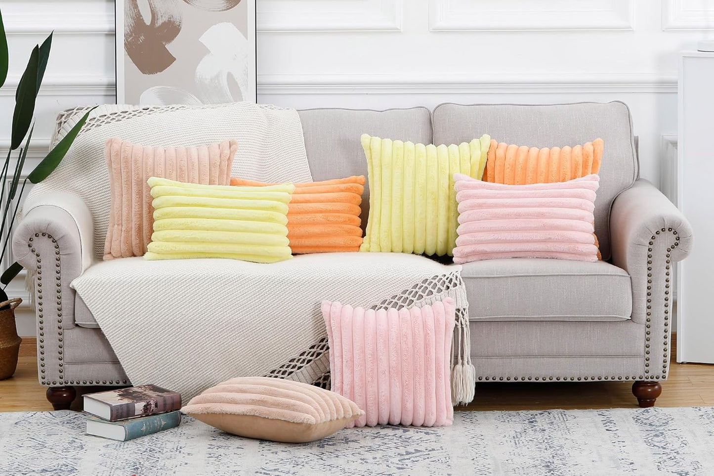 MADIZZ Set of 2 Faux Wool Plush Decorative Throw Pillow Covers 18x18 Inch Light Brown Fluffy Striped Soft Decorative Cushion Cover for Sofa Bedroom Pillow Shell