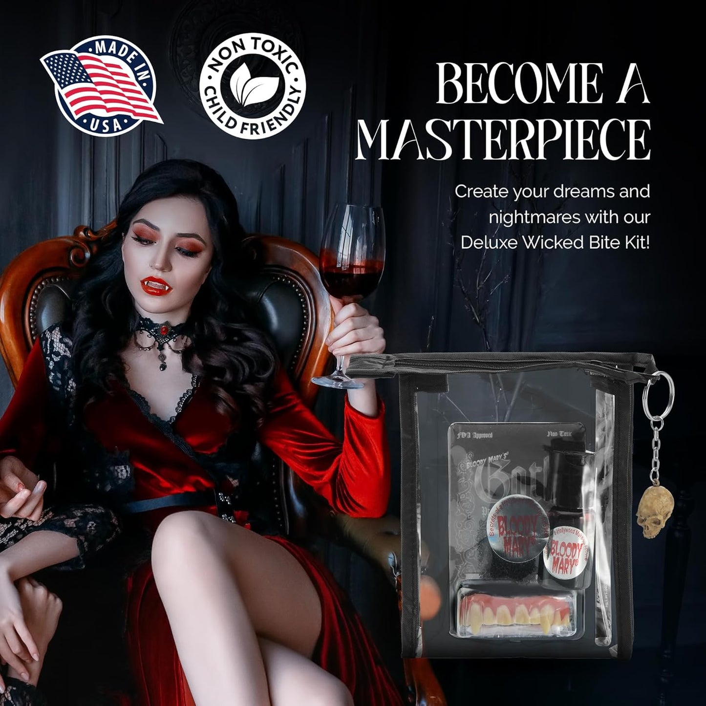 Vampire SFX Makeup Kit - Deluxe Wicked Bite Special Effects Face Makeup with 1/2 Oz. Extra Thick Fake Blood, Black Pencil Liner, Vampire Fangs and Stipple Sponge for Halloween or Stage - Bloody Mary