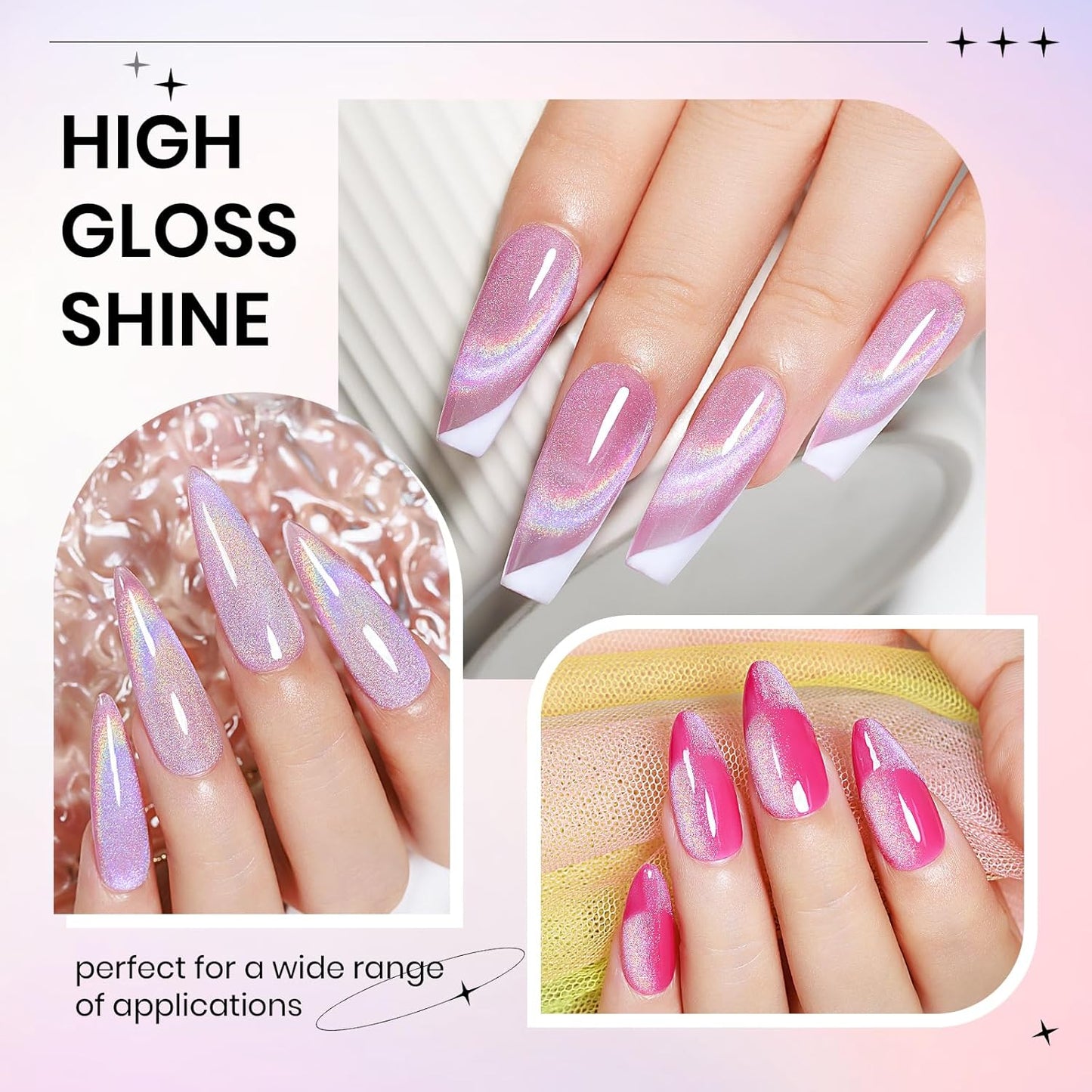 Pink Rainbow Cat Eye Gel Nail Polish Glitter Holographic Gel Polish with Magnetic Stick for a Glittery Iridescent Galaxy Effect Soak Off UV Lamp Perfect for Nail Art & DIY Manicures at Home