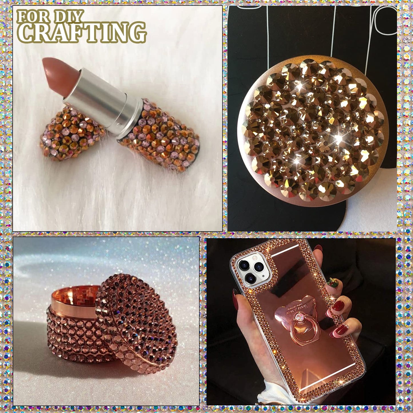 One Pack 2000 Pcs of Flatback Round Rose Gold Rhinestones 6 Sizes (1.5-6 mm) with Nail Art Rhinestone Picker Pencil and Tweezers for DIY and Salon Use