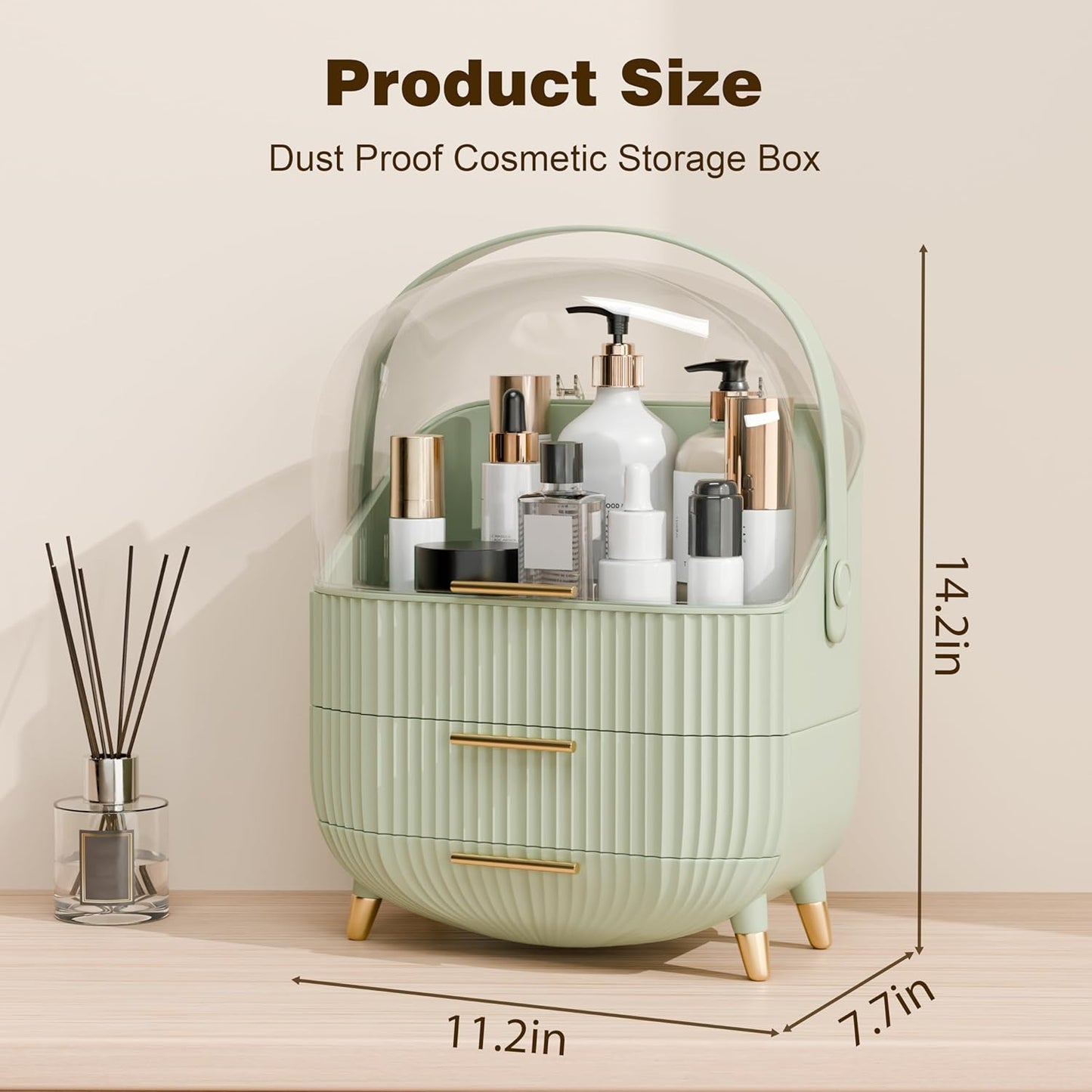 Makeup Organizers and Storage, Make up Organizer for Vanity Cosmetics Skincare Organizers With Lid and Drawers Display Cases for Countertop(Light Green)