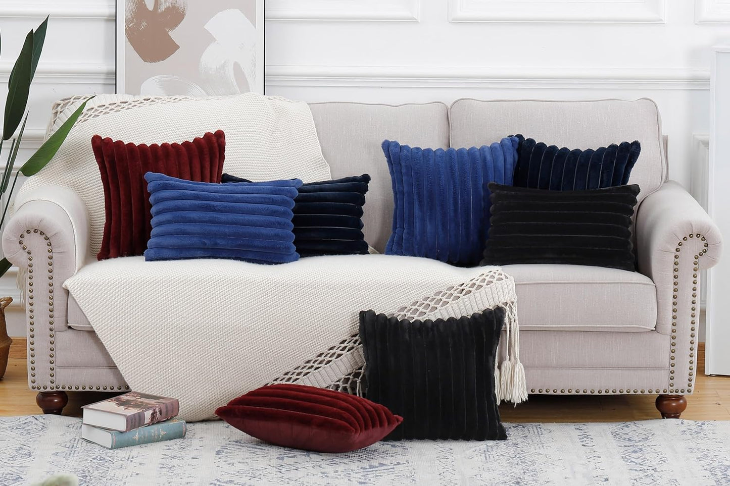 MADIZZ Set of 2 Faux Wool Plush Decorative Throw Pillow Covers 12x20 Inch Black Fluffy Striped Soft Decorative Cushion Cover for Sofa Bedroom Pillow Shell