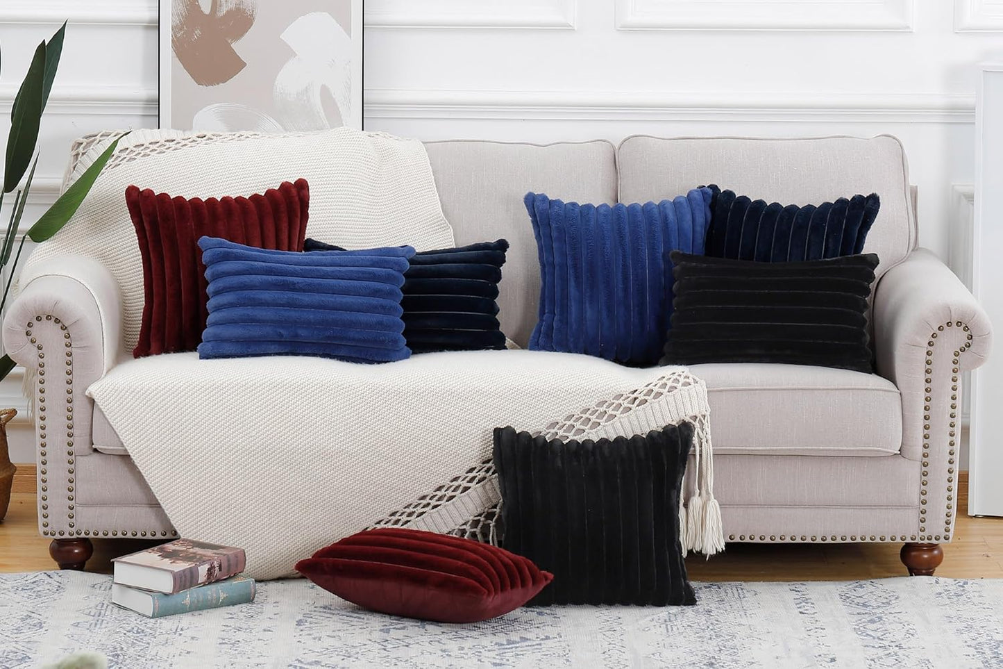 MADIZZ Set of 2 Faux Wool Plush Decorative Throw Pillow Covers 24x24 Inch Black Fluffy Striped Soft Decorative Cushion Cover for Sofa Bedroom Pillow Shell